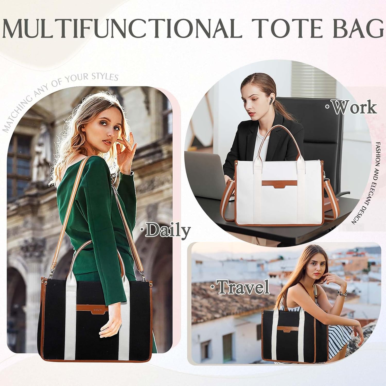 Thumbnail 5 de RAVUO Laptoptasche Damen – Canvas Business-Tasche für 15,6 Zoll Laptop, großes Fassungsvermögen, wasserabweisend