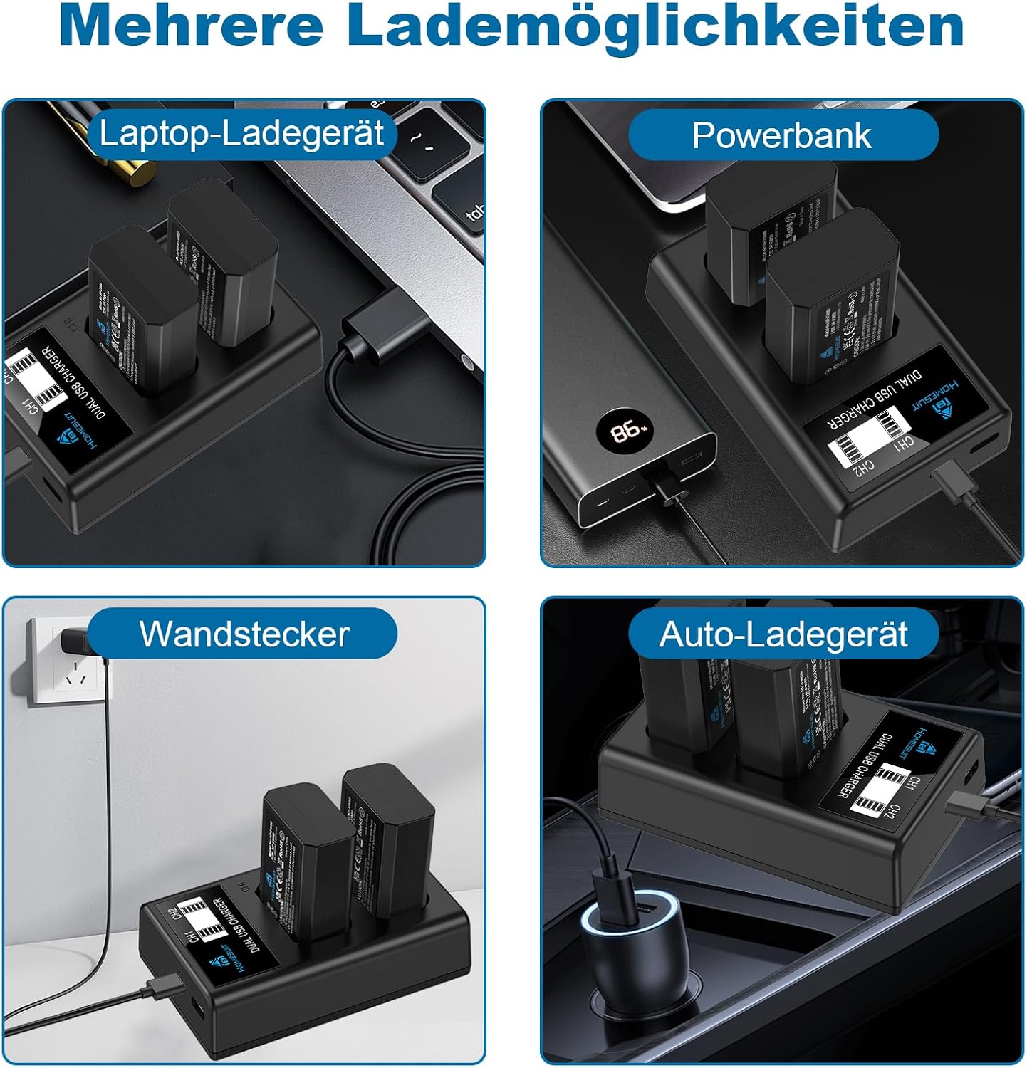 Detalle de Homesuit NP-FW50 Akku-Set (2er-Pack) mit USB LCD Ladegerät – kompatibel mit Sony ZV-E10 und vielen A-, NEX- Modellen