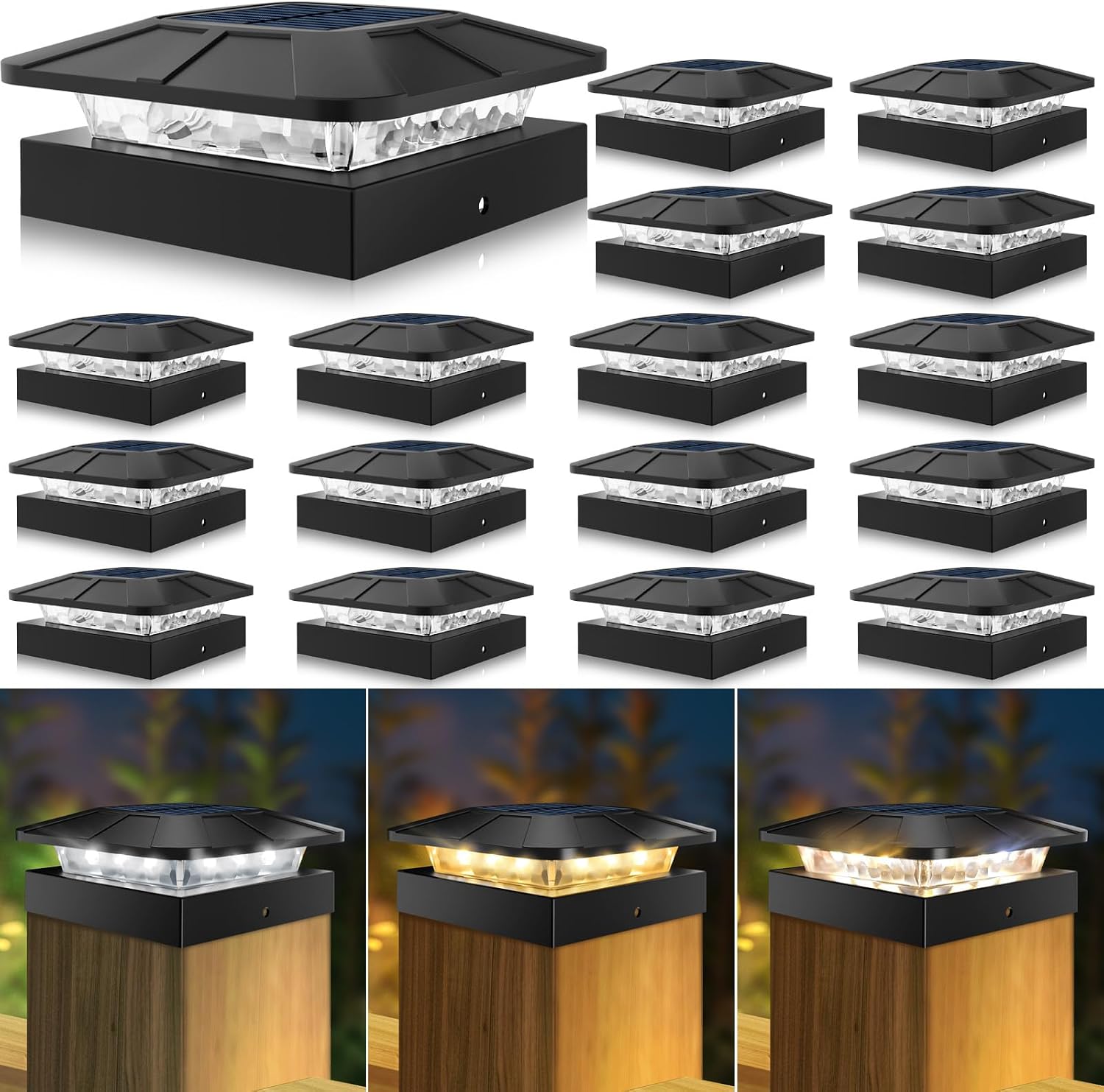 Detalle de Peasur 4x4 Solar Post Cap Lights, 3 Colour Modes, 2 Brightness Options, 16-Pack