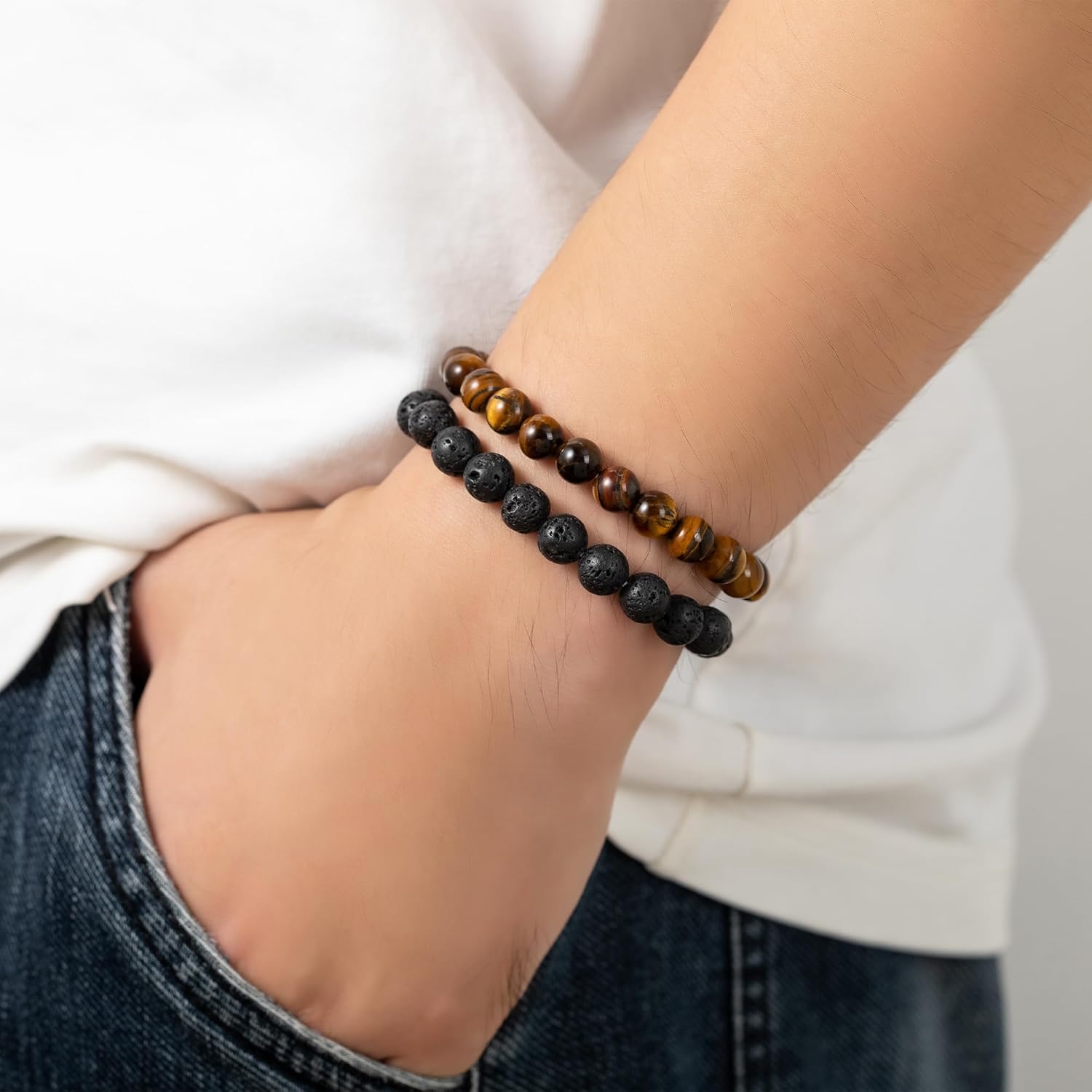 Thumbnail 3 de MOROTOLE Bracelet Œil de Tigre Homme 8 mm (lot 3 ou 4) avec pierres naturelles et pierre de lave