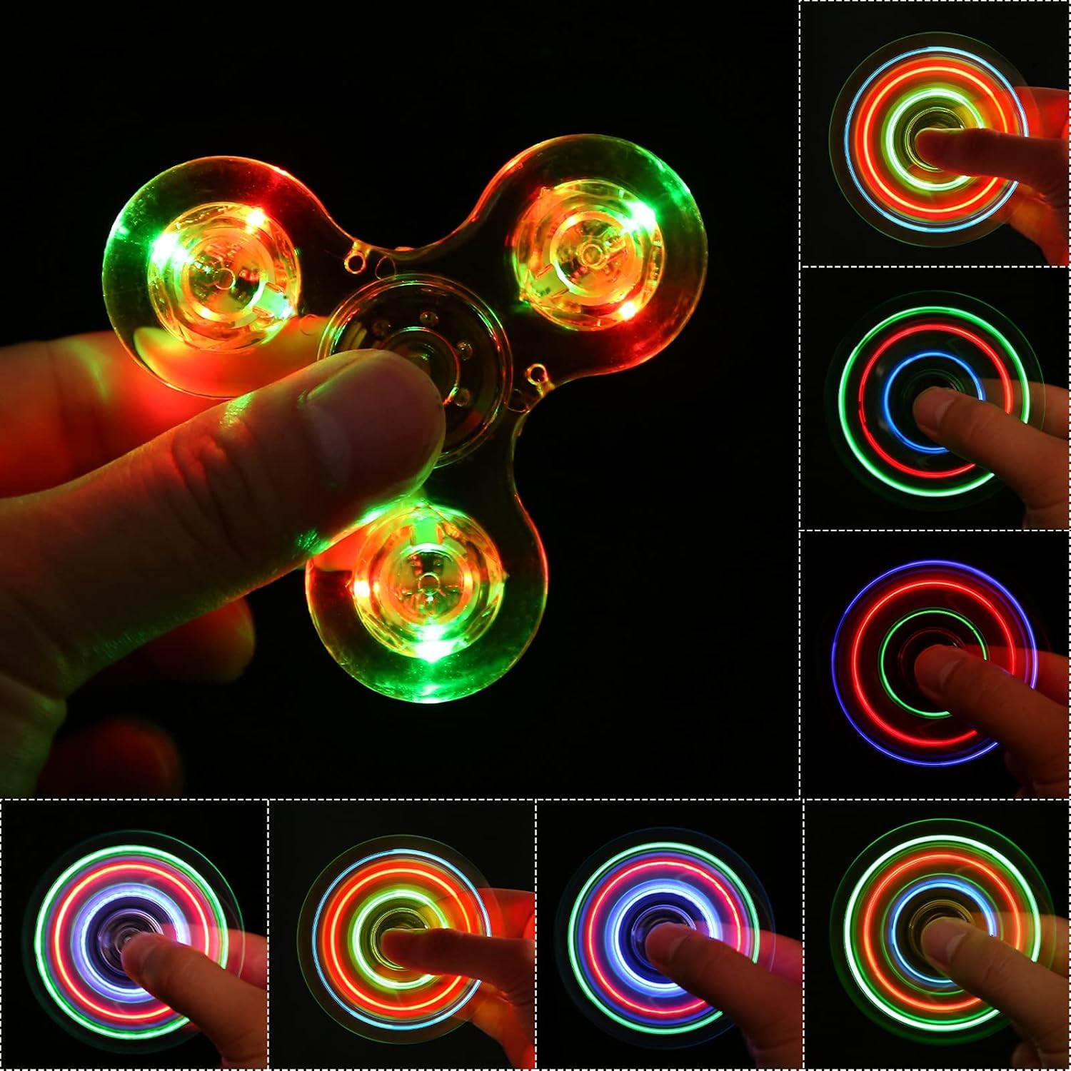 Detalle de SCIONE Fidget Spinner 5er Set – Leuchtende LED Kristall Spinner für dunkle Partys
