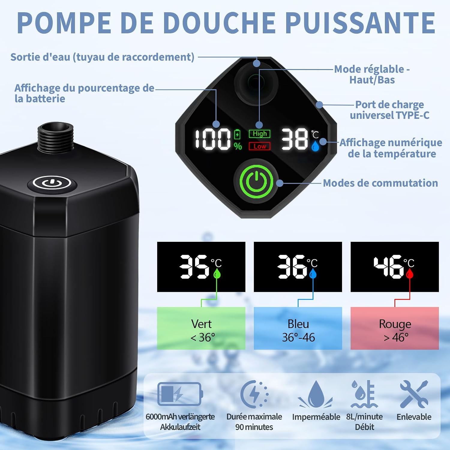 Thumbnail 1 de Douche de camping YOOHBERRYS avec filtrage triple et seau pliable 20 L, 6000 mAh, recharge USB-C