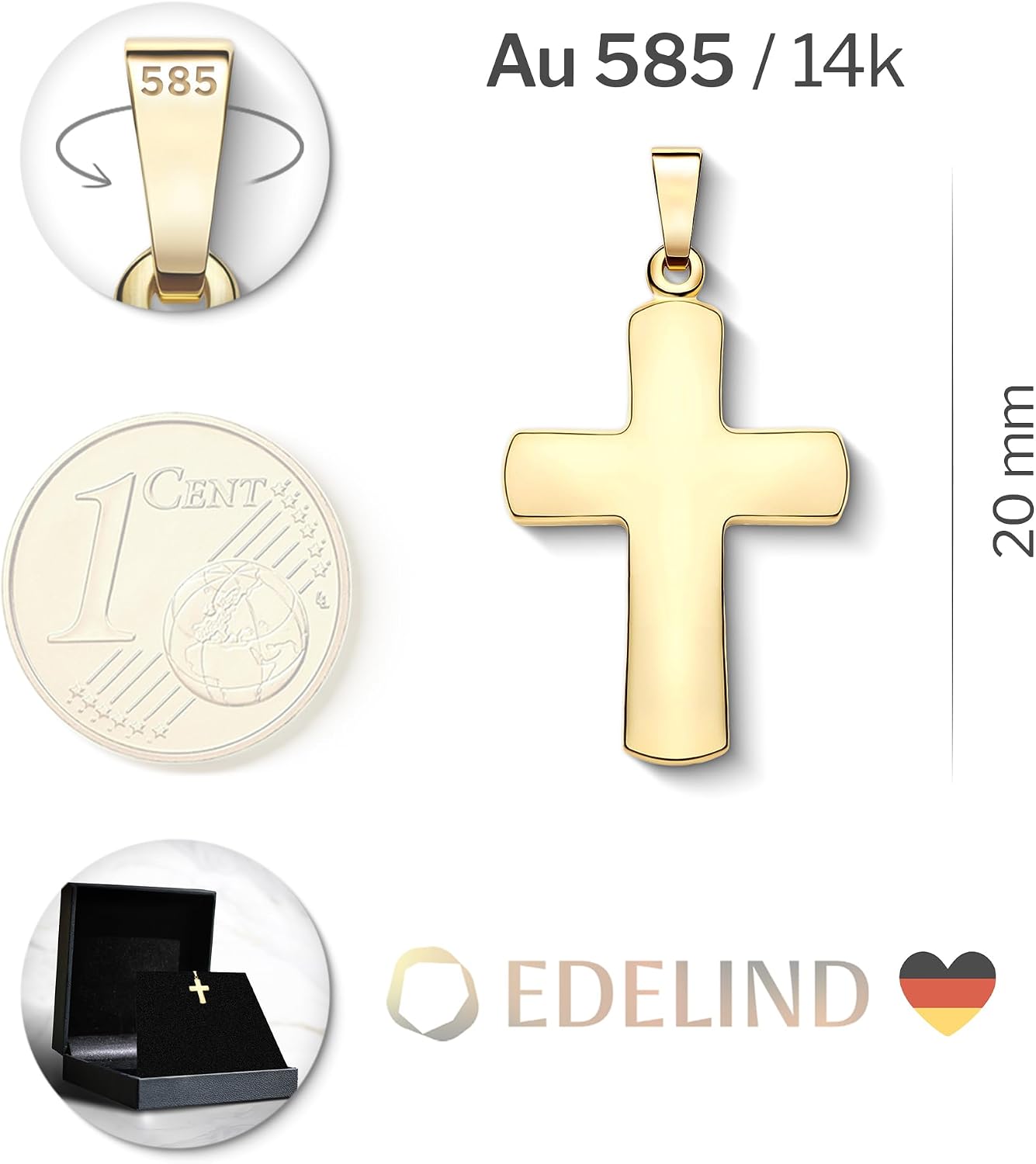 Detalle de Ciondolo Croce in Oro 14K EDELIND 585 – 20 mm, confezione regalo, disponibile per uomo e donna