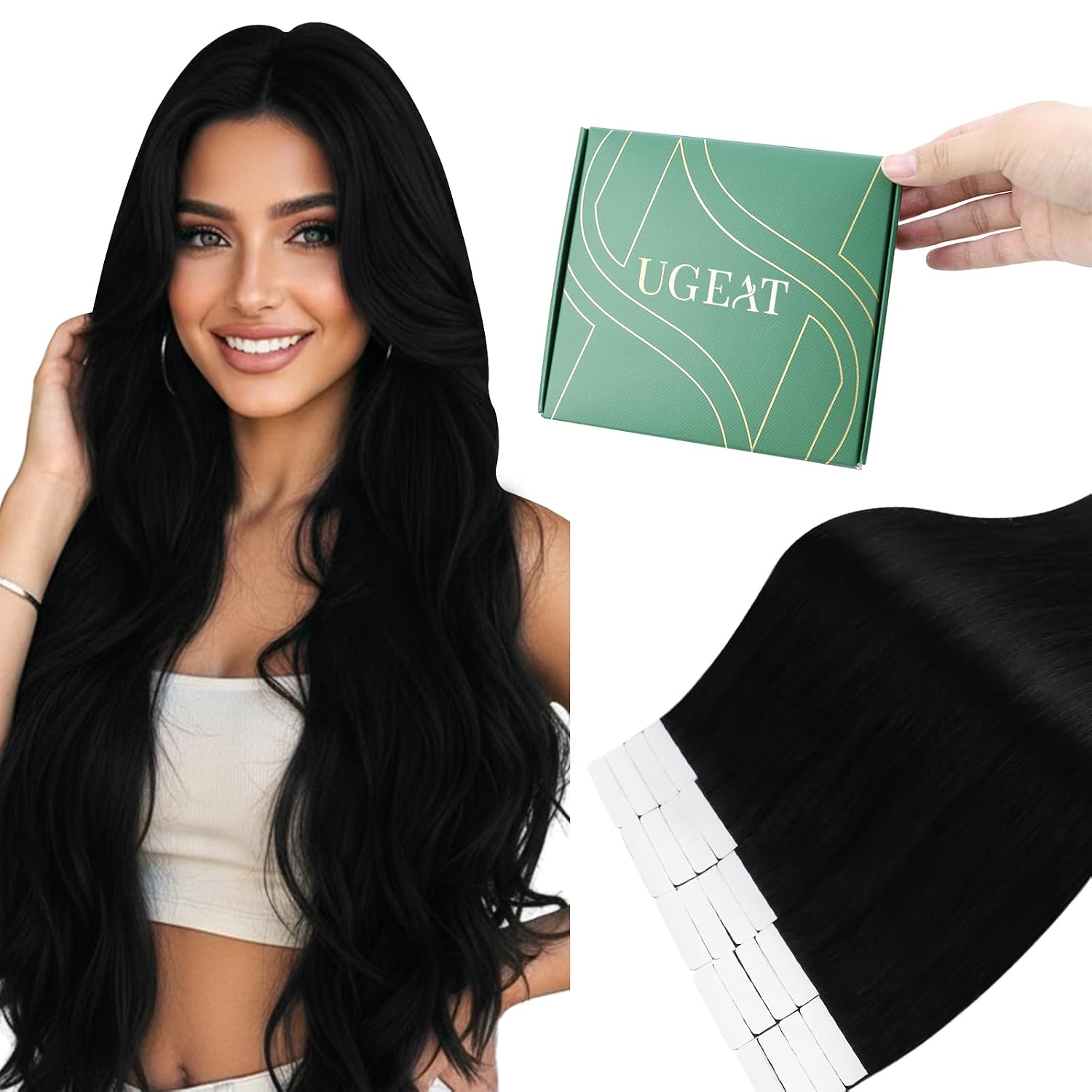 Detalle de Ugeat Tape-in Extensions Echthaar Schwarz – 20 Stück, 45 cm, 50 g