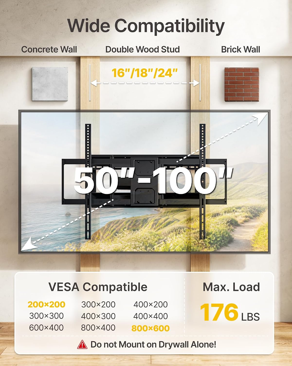 Thumbnail 6 de monTEK Heavy Duty TV Wall Mount for 50–100 inch XL TVs (Up to 176 lbs) with 25" Arm, 800x600 VESA