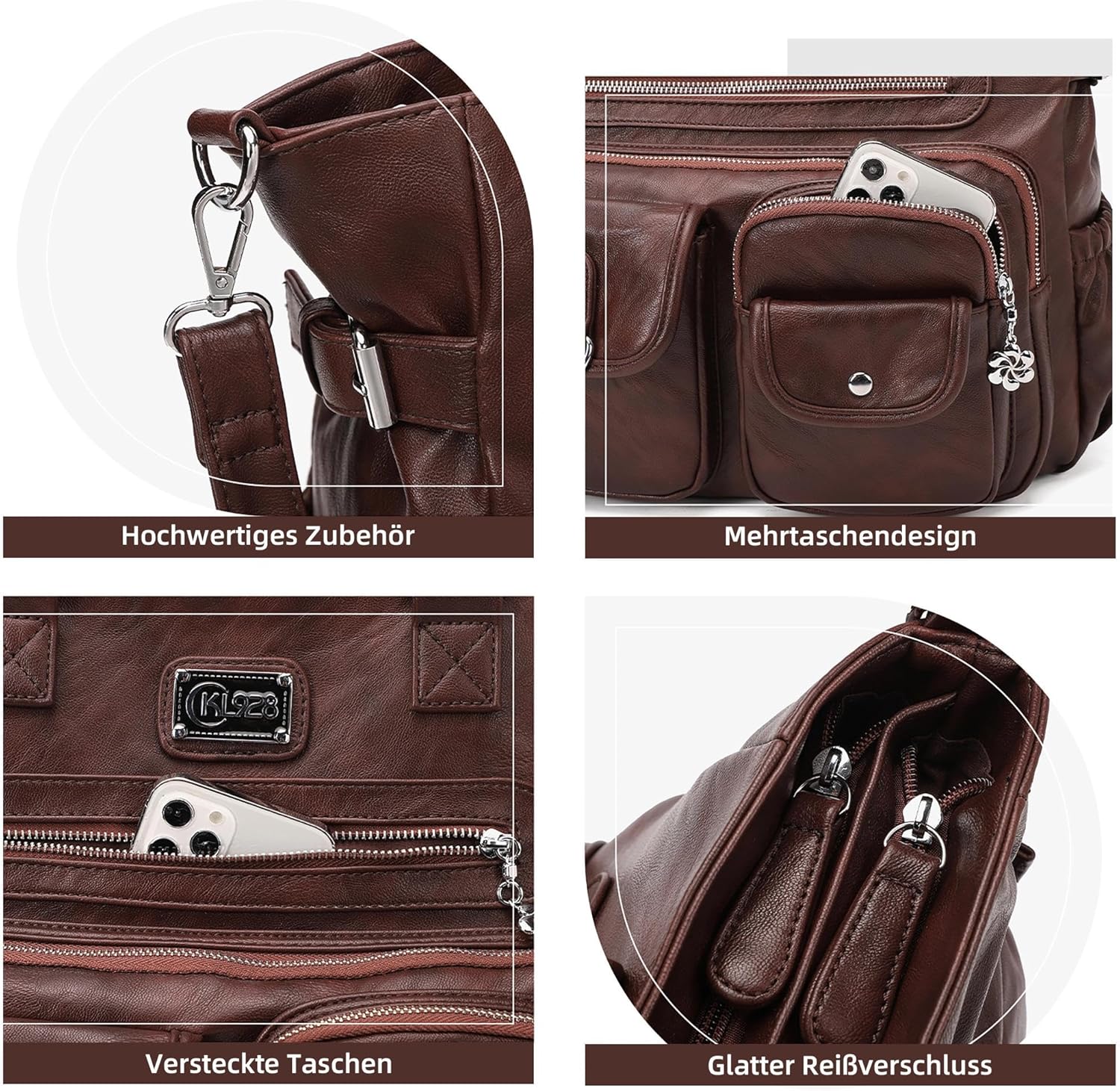 Thumbnail 4 de KL928 Handtasche Damen Umhängetasche Schultertasche mit vielen Fächern – Kaffee