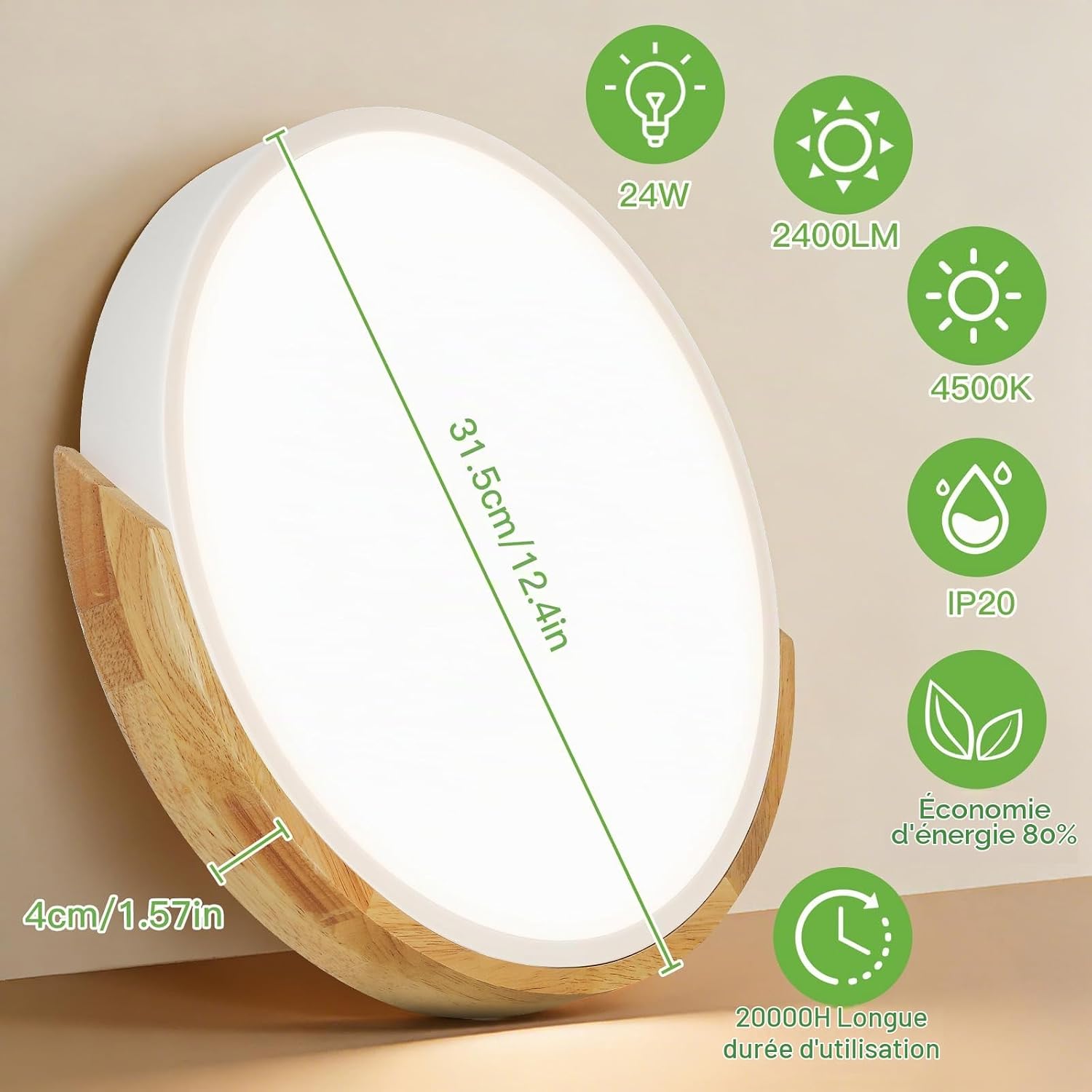 Detalle 1 de Kimjo D0495 houten led-plafondlamp, 24 W, 4500 K en 2400 lm