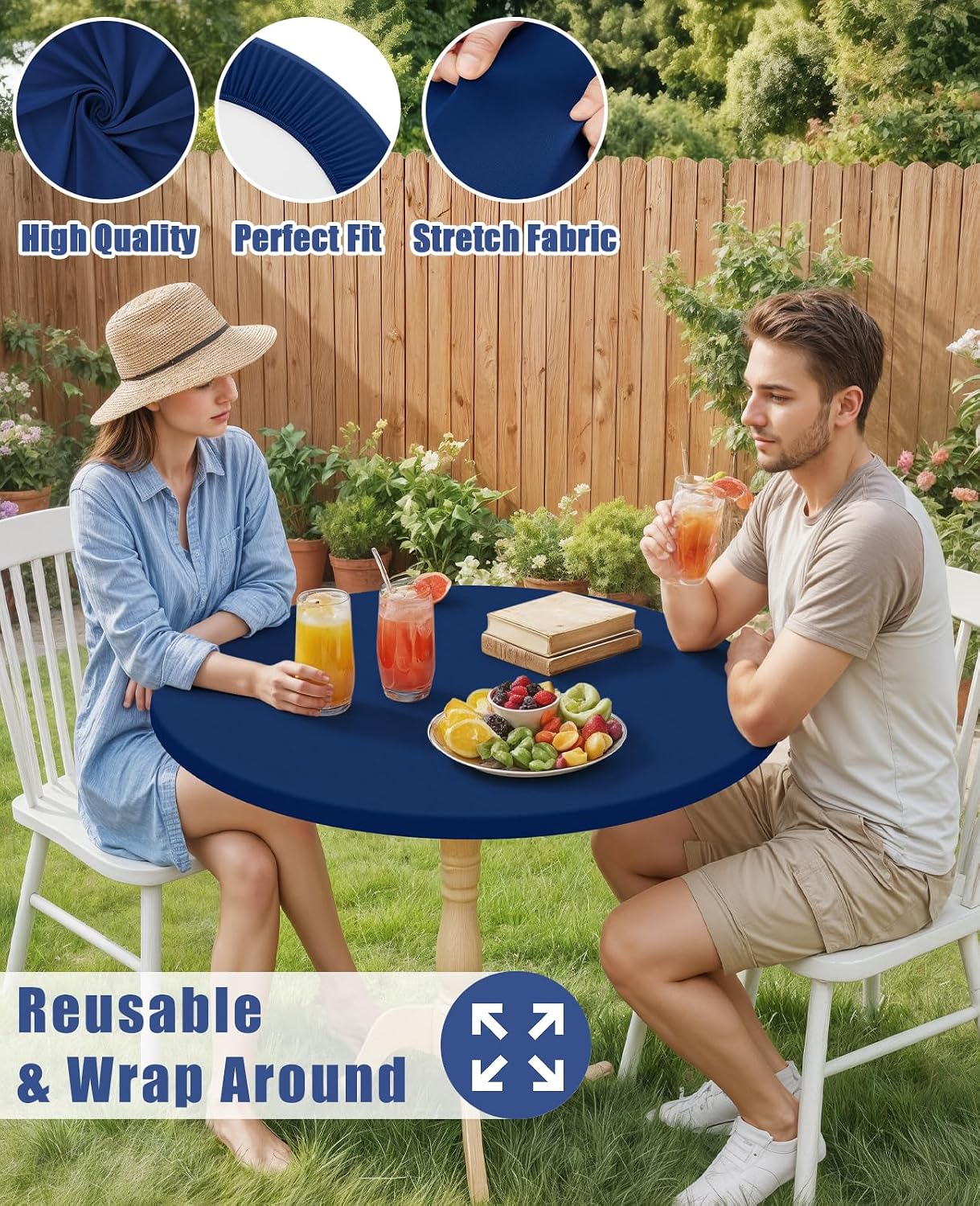 Detalle de Moosfor Round Spandex Tablecloth, Navy — Elastic, Waterproof Fit for 57"–68" Tables