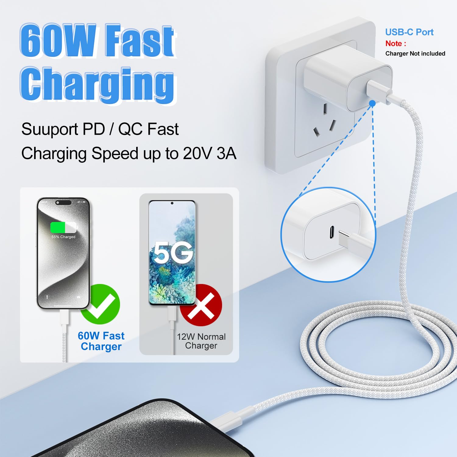 Detalle 2 de USB C to C Charger Cable 3M 60W, 2-pack