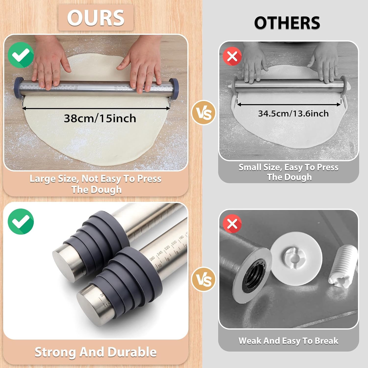 Thumbnail 4 de SUPER KITCHEN Rouleau à pâtisserie antiadhésif ajustable en acier inoxydable (40 cm, anneaux amovibles 5 tailles)