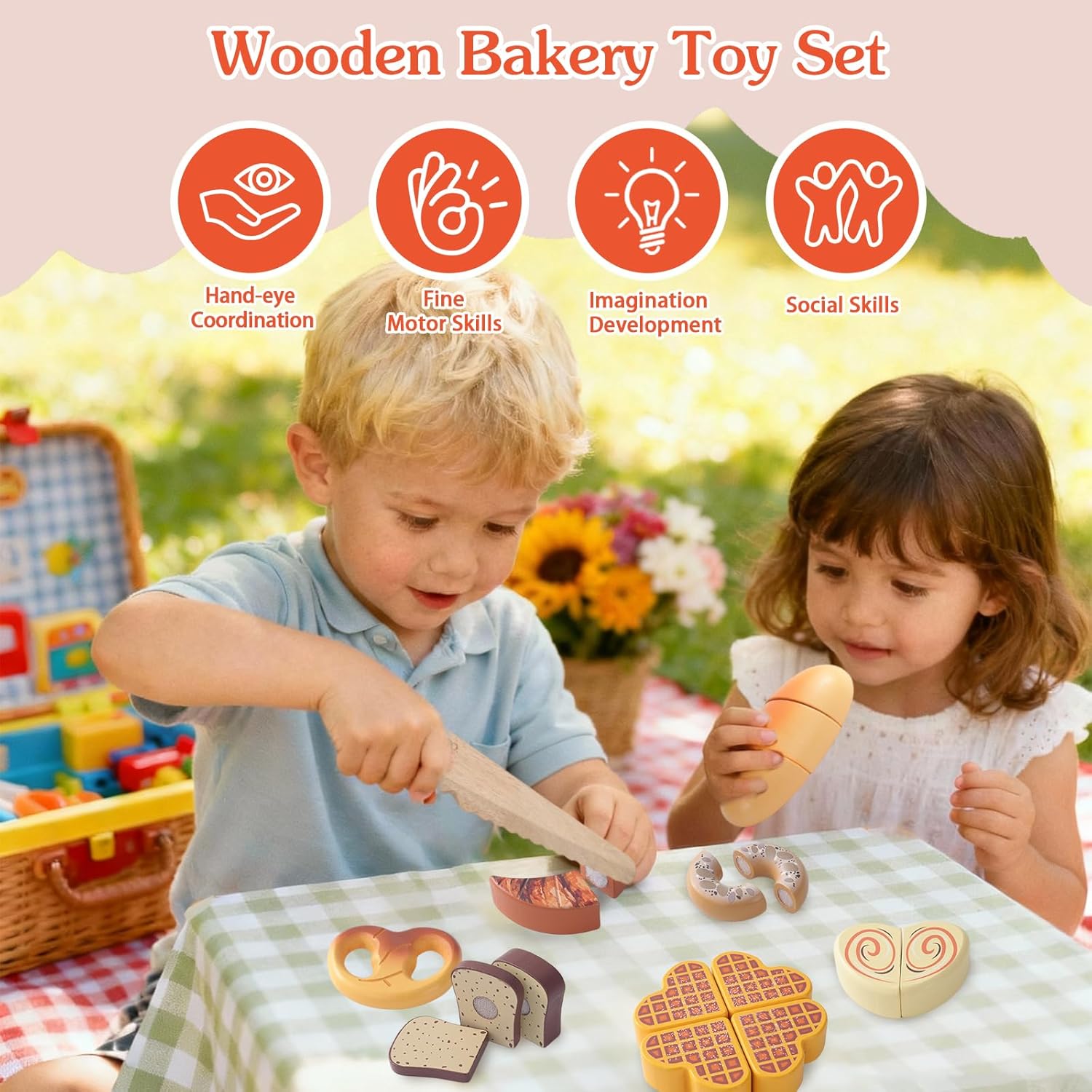 Thumbnail 4 de Smartwo Wooden Food Toys Pretend Play Bakery Set (9-piece bread cutting game for toddlers)