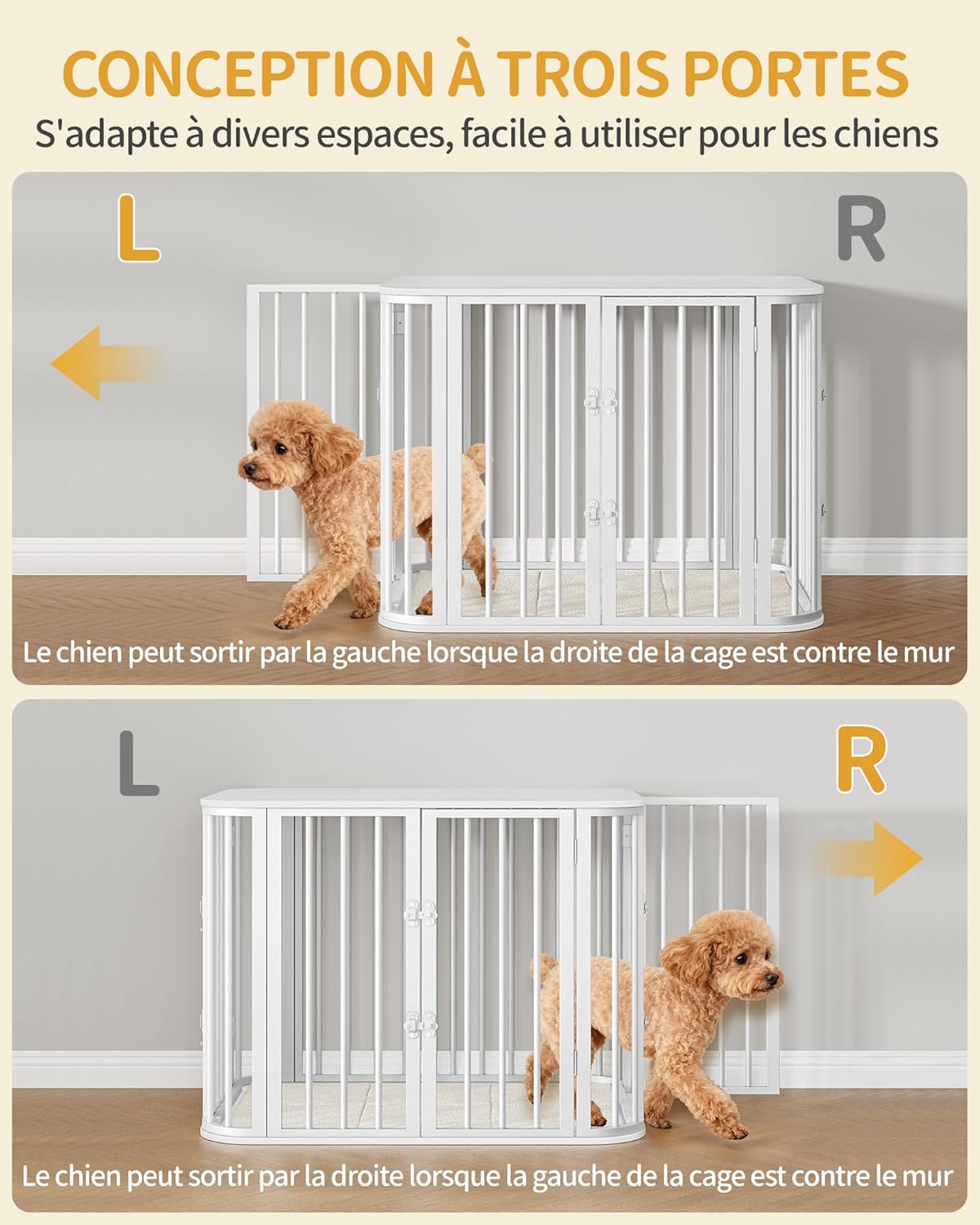 Detalle de Hzuaneri Cage pour Chien Meuble — Cage d’intérieur à trois portes, 77 × 52 × 59 cm, bois et métal, blanc (DFC87713W)