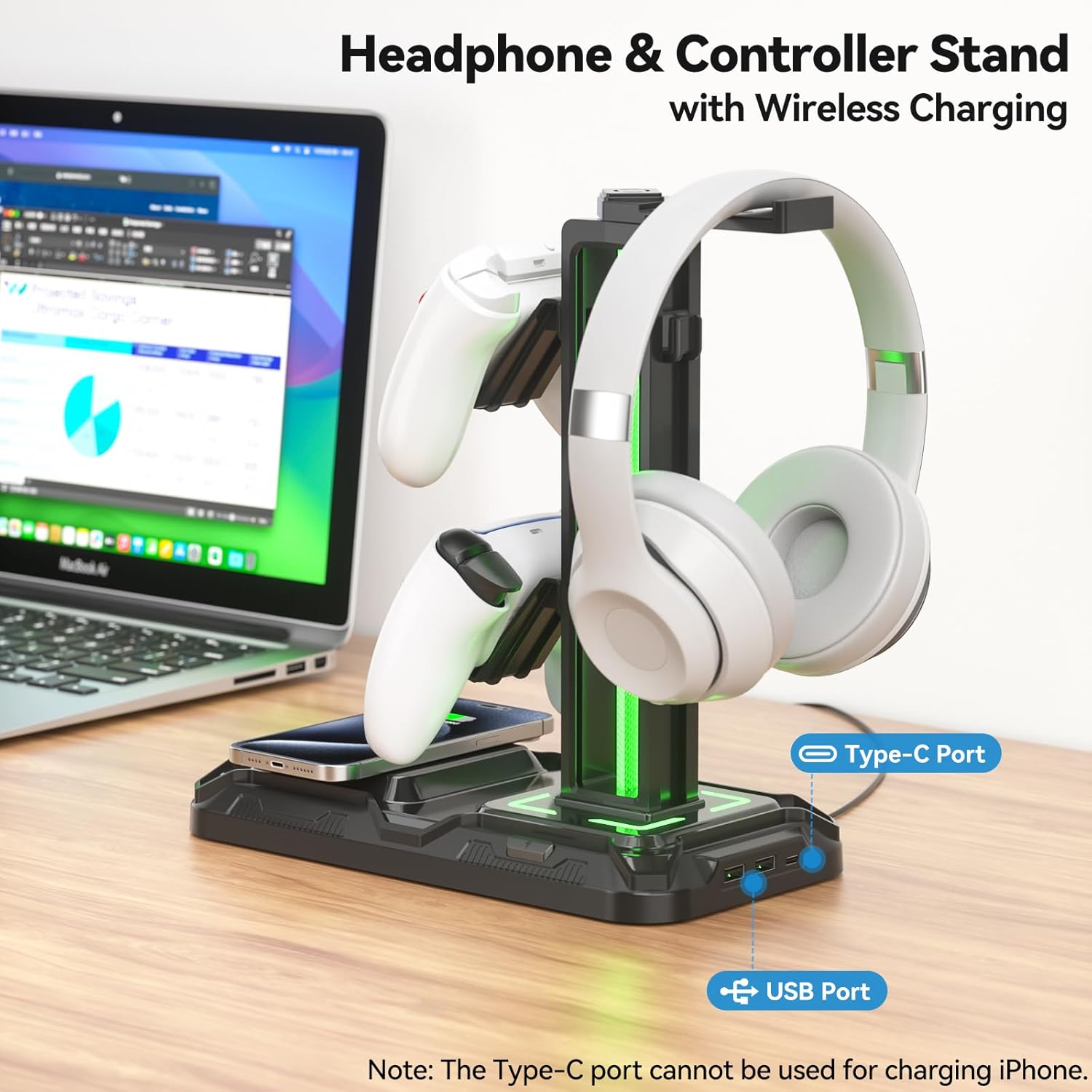 Thumbnail 1 de KDD Gaming Headset-Halterung mit Wireless-Ladegerät – LED-Lichteffekte, Controller- und Kopfhörer-Ständer