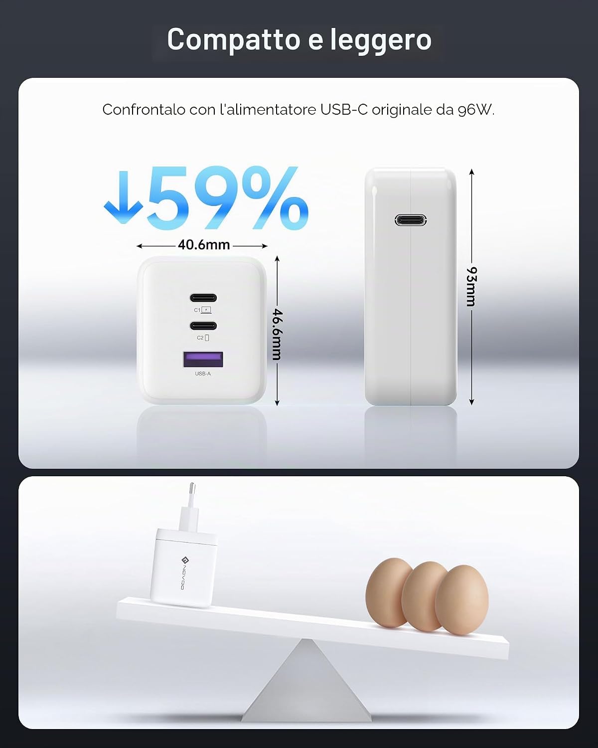 Detalle de NOVOO GaN 100W: Caricatore USB-C a 3 porte con cavo incluso
