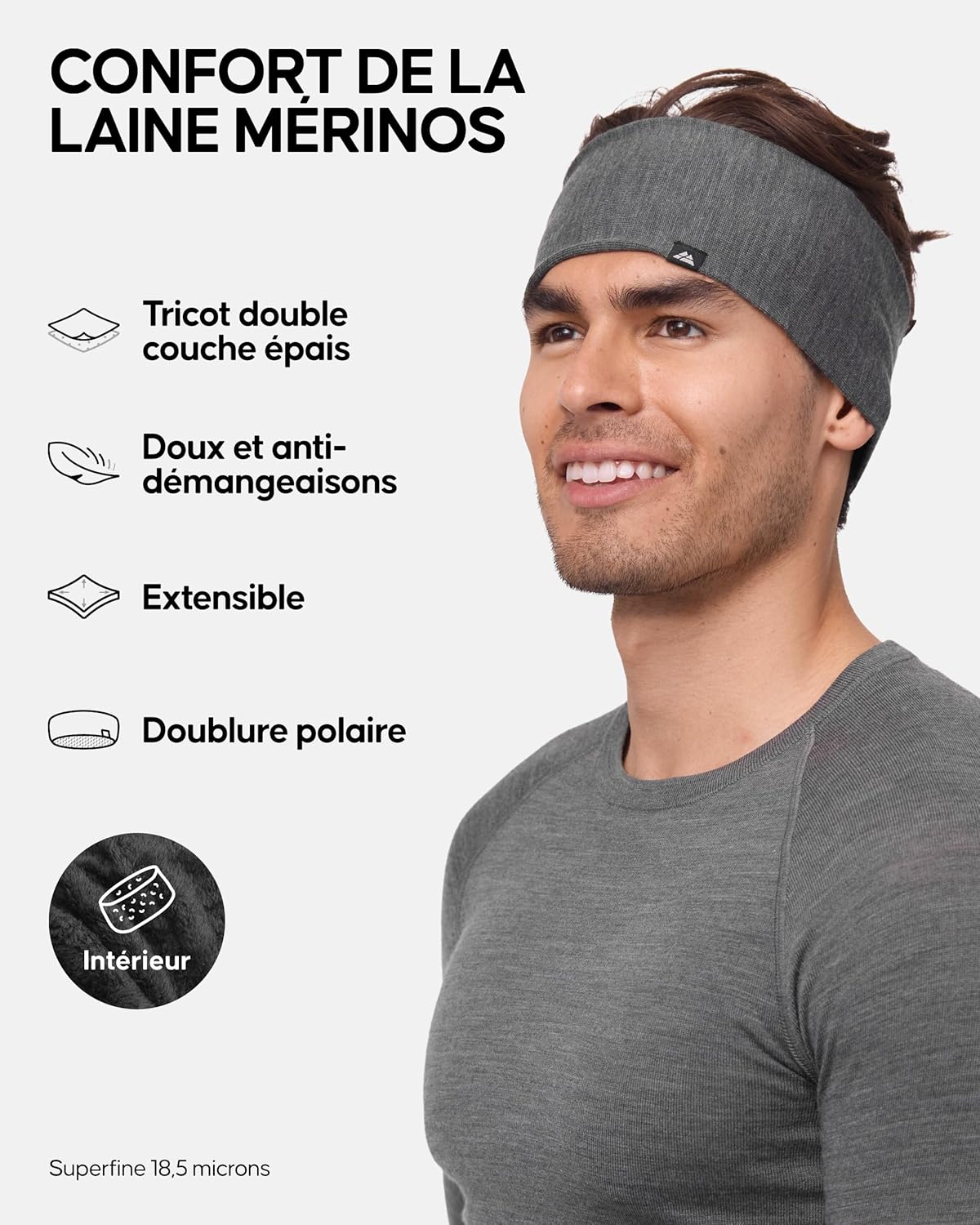 Thumbnail 1 de DANISH ENDURANCE Bandeau laine mérinos avec doublure polaire thermique gris foncé (S/M) – unisexe