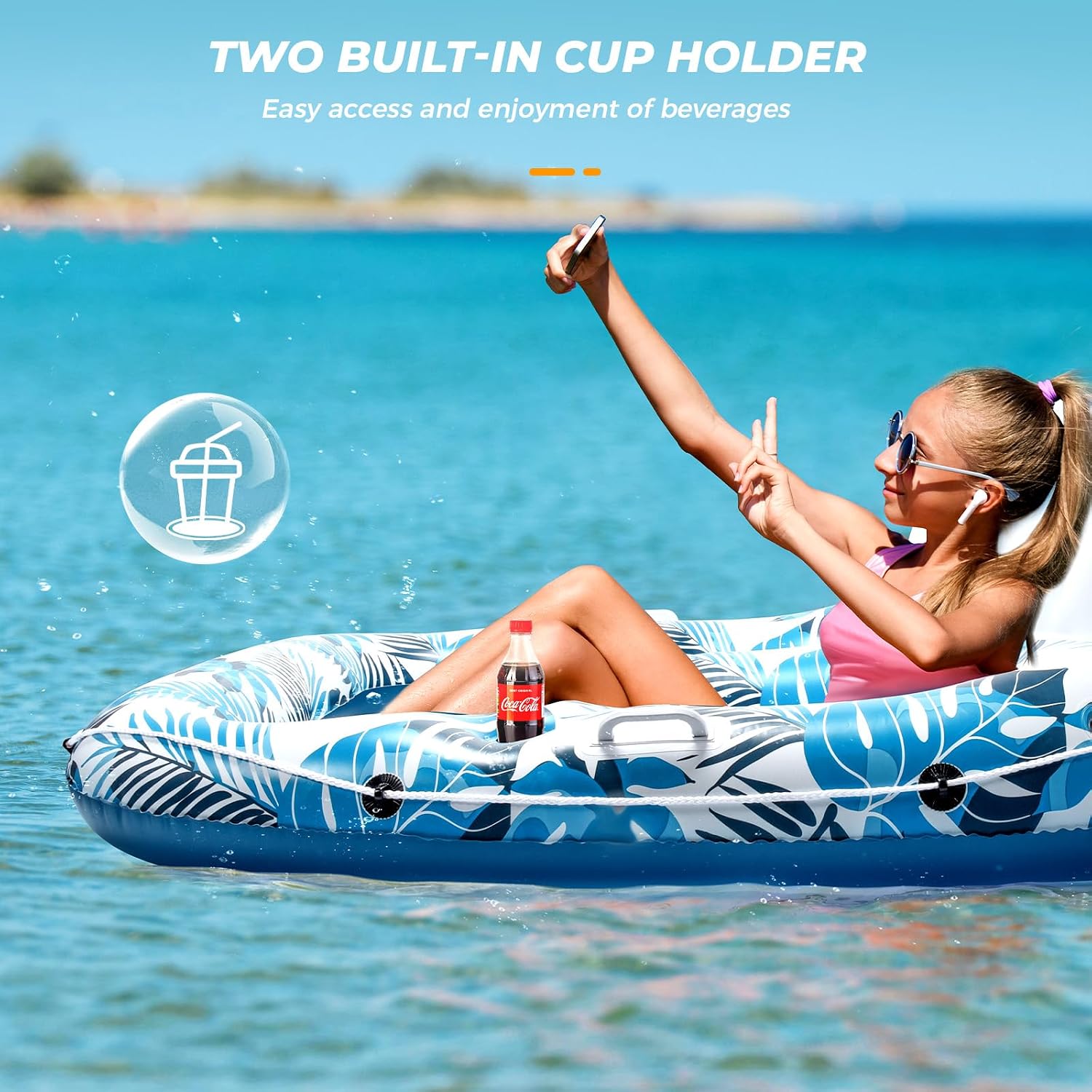 Detalle de JCLEAL 2-Person Pool Floats: Extra Large Inflatable Lounger with Backrest and Cup Holders