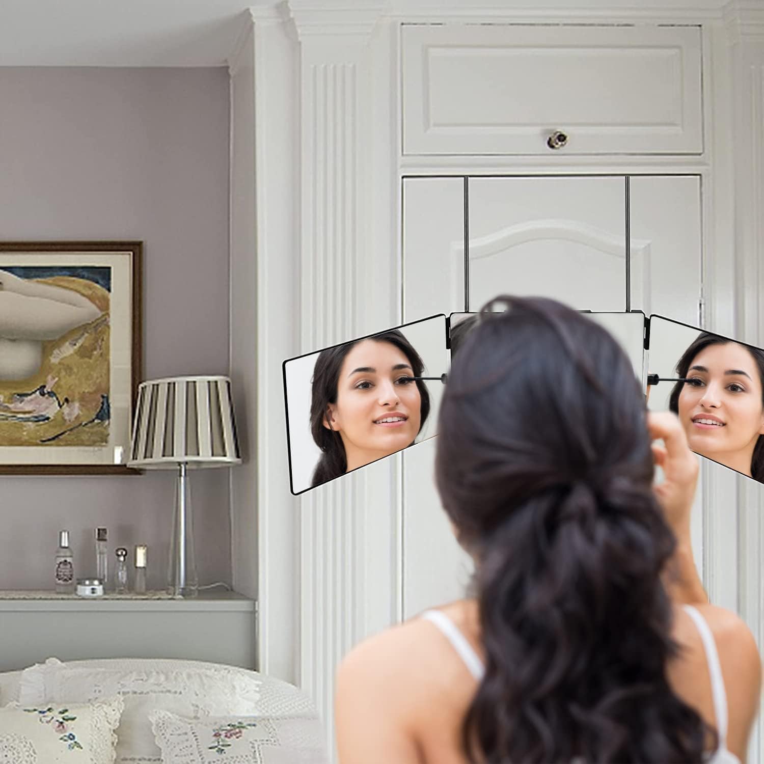 Detalle de LZONSTK 3-Way Hair-Cutting Mirror, 360° View, Hooks, Adjustable Height