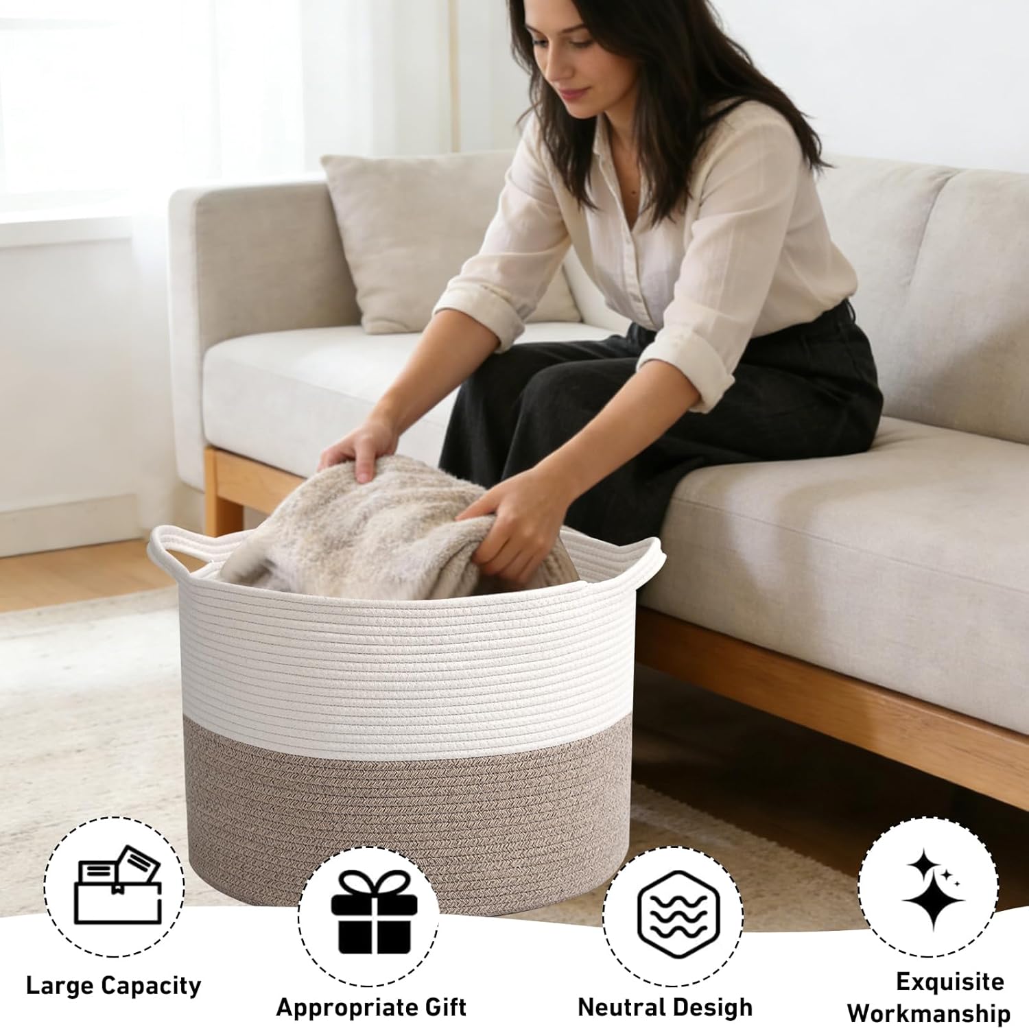 Thumbnail 5 de HZFTJOY 65L Large Blanket Basket (19.7 in x 19.7 in x 13 in) Rope Woven Storage Bin with Handles