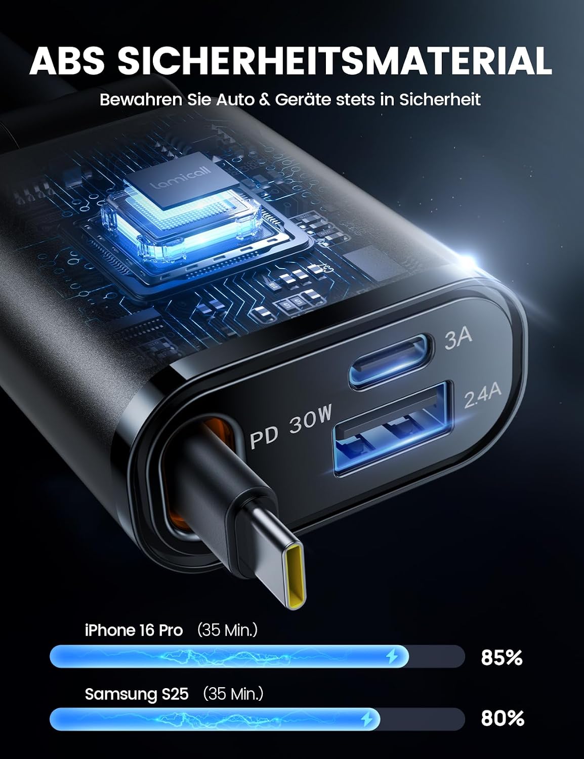 Detalle de Lamicall 3 IN 1 Auto Ladegerät 50W