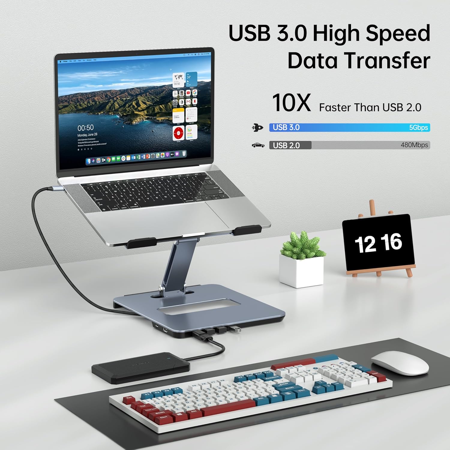 Detalle de BENFEI: Supporto per laptop in alluminio con docking 6 in 1 – HDMI 4K@60Hz, 4x USB 3.0, 100W PD