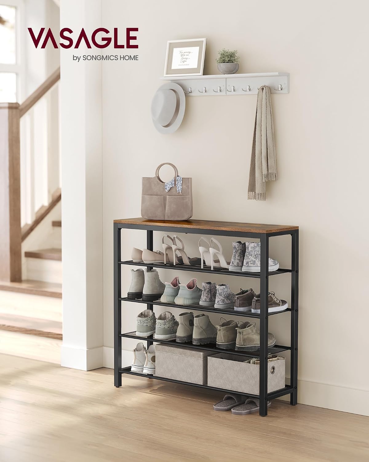 Detalle 2 de VASAGLE LBS15BX Dacey Shoe Rack, 4 Mesh Shelves, Rustic Brown and Black