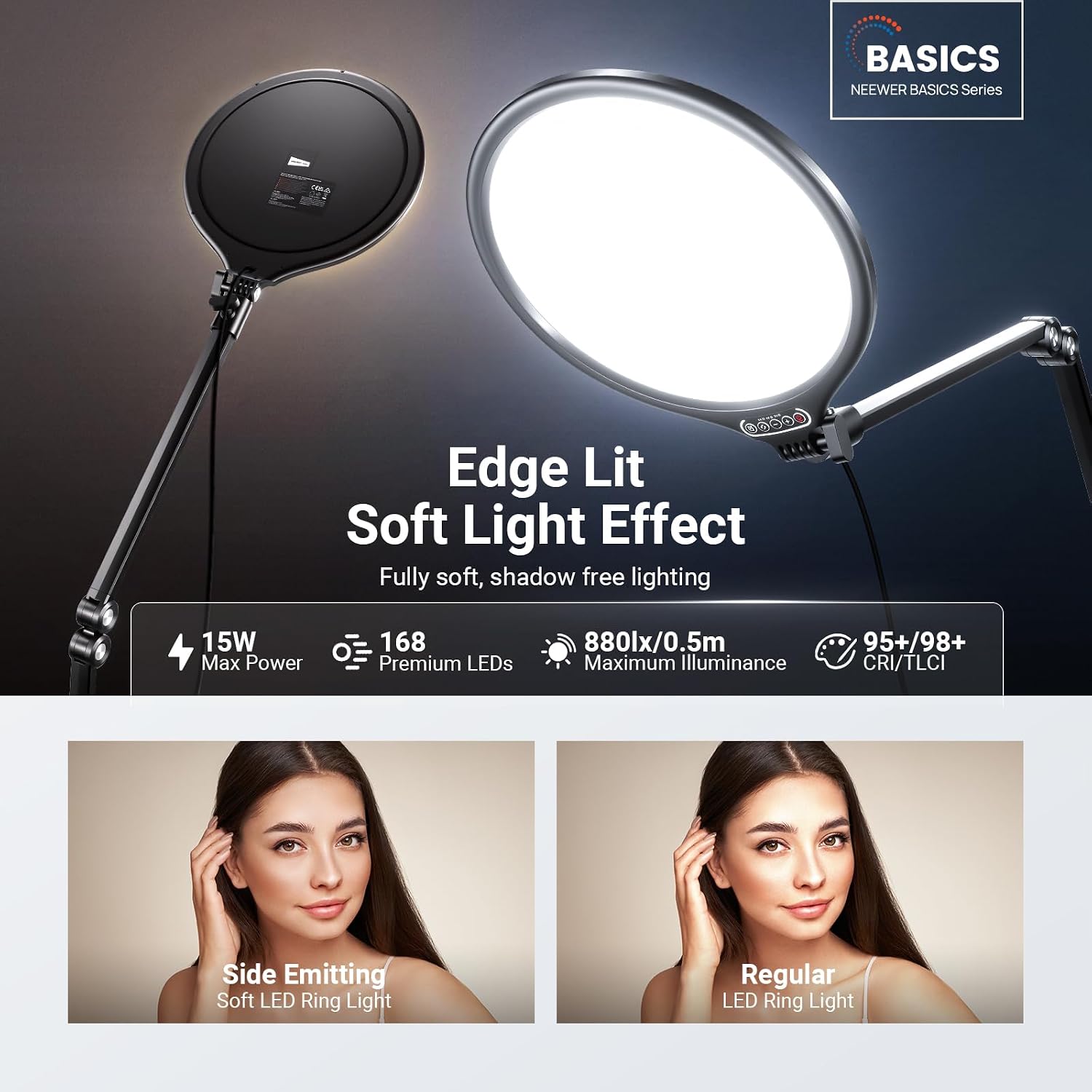 Detalle de Neewer Basics 10.5" Streaming Key Lighting ring light with desk clamp stand (3000–6500K, 15W)