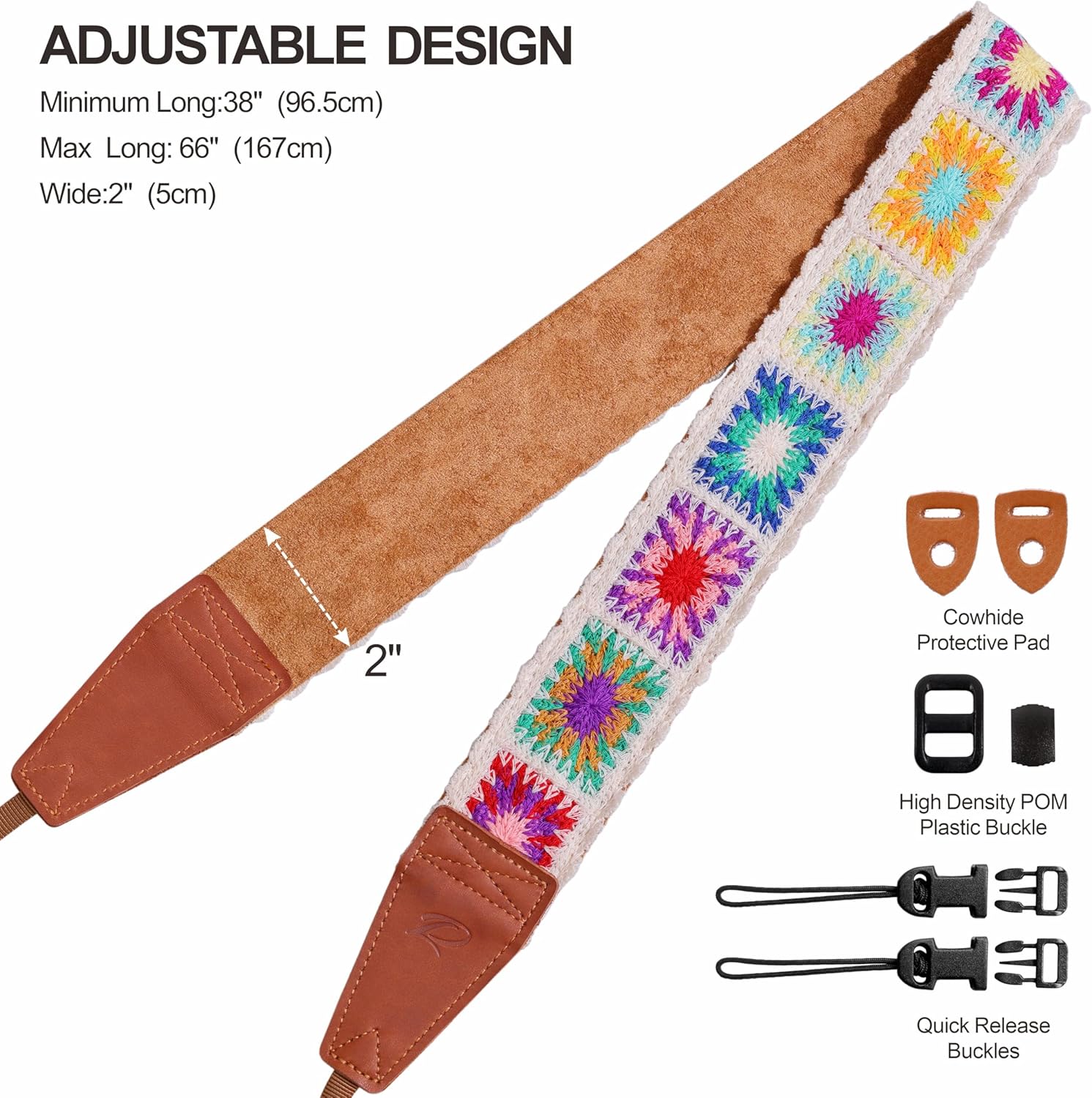 Detalle 2 de Padwa Lifestyle White Crochet Camera Strap with 2" Full‑Grain Leather Ends