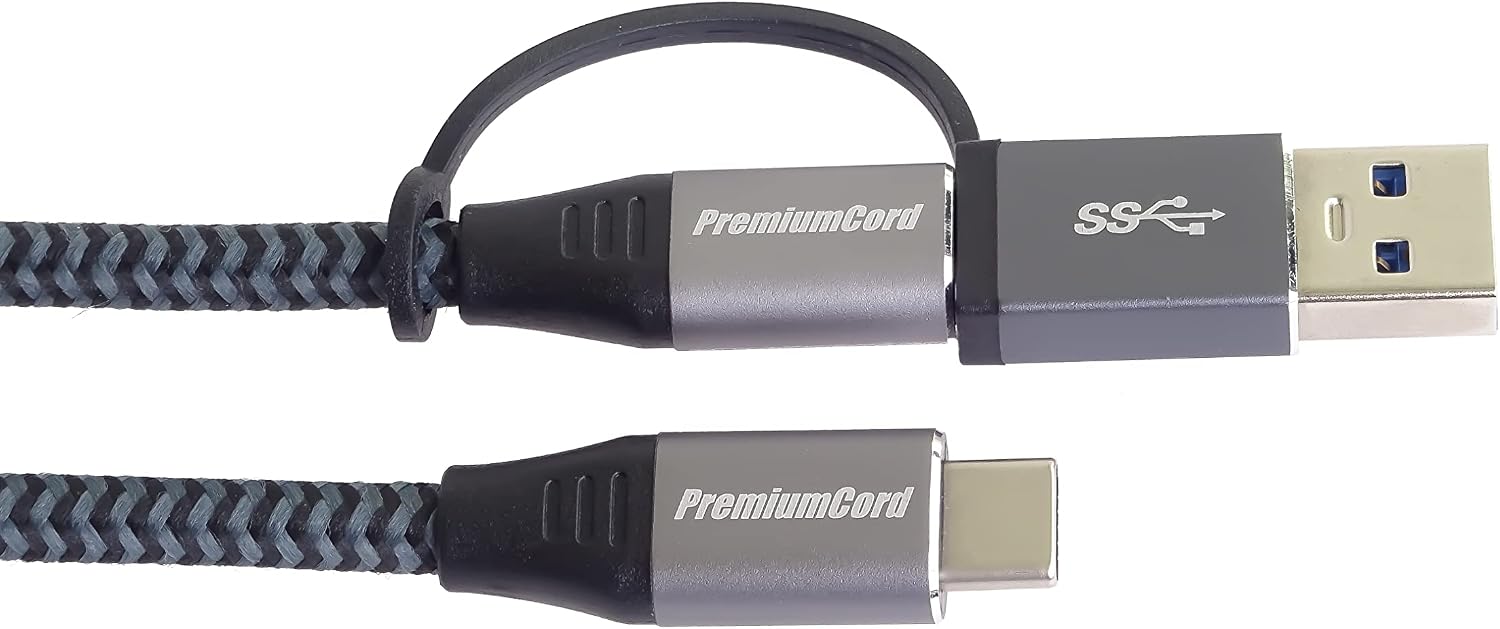 Detalle de PremiumCord USB-C 3.2 Gen 2x2 Verbindungskabel (2 m) – USB-C zu USB-C + USB-A, 20 Gbit/s, 100 W, PD/QC