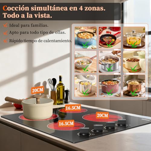 Detalle de Karinear Placa Vitrocerámica 4 Fuegos 60 cm con mandos manuales (6000 W): potencia sin complicaciones
