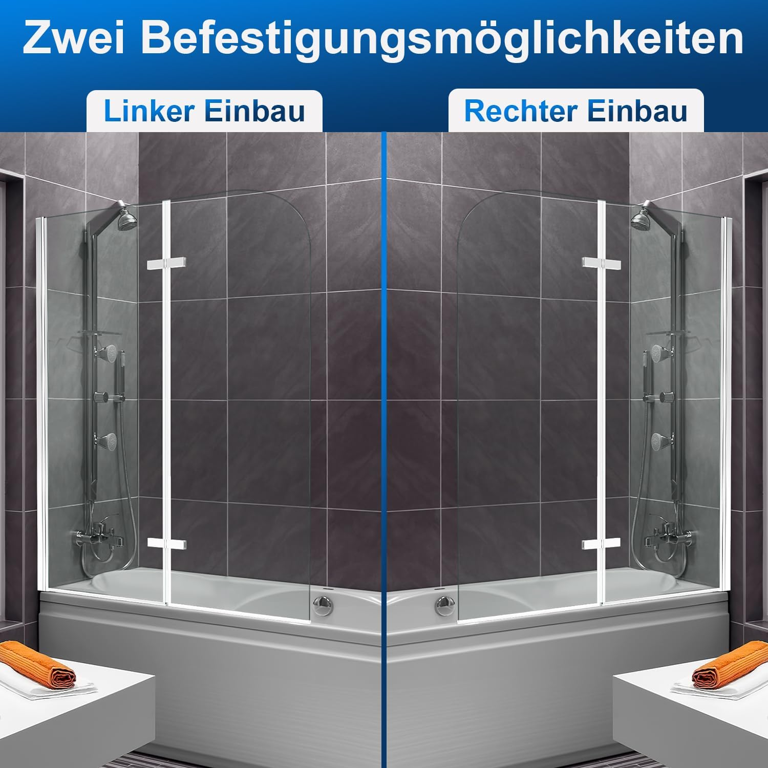 Detalle de Ansobea parete per vasca da bagno pieghevole 100x140 cm (2 pezzi) in vetro di sicurezza ESG 6 mm, argento trasparente