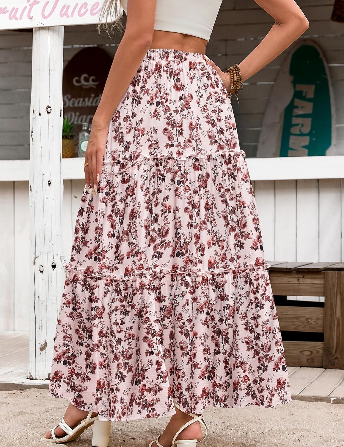 Detalle 2 de Hotouch Rock Damen Hohe Taille Maxirock – A-Linie mit Schichtung und Taschen