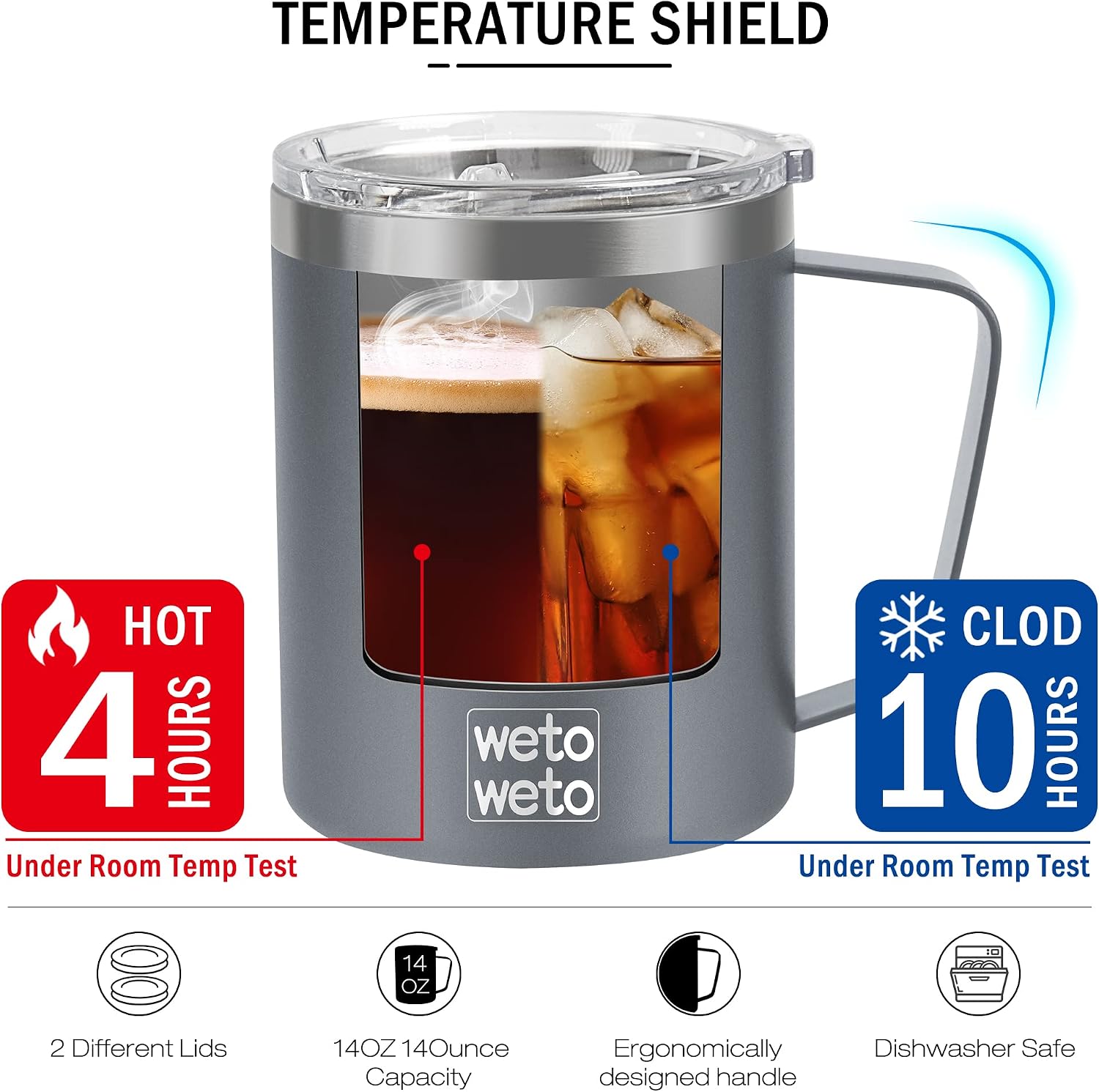 Detalle 2 de WETOWETO 14 oz Insulated Vacuum Coffee Mug with Handle, Double-Wall Stainless Steel Tumbler (Gray) + Two BPA-Free Lids