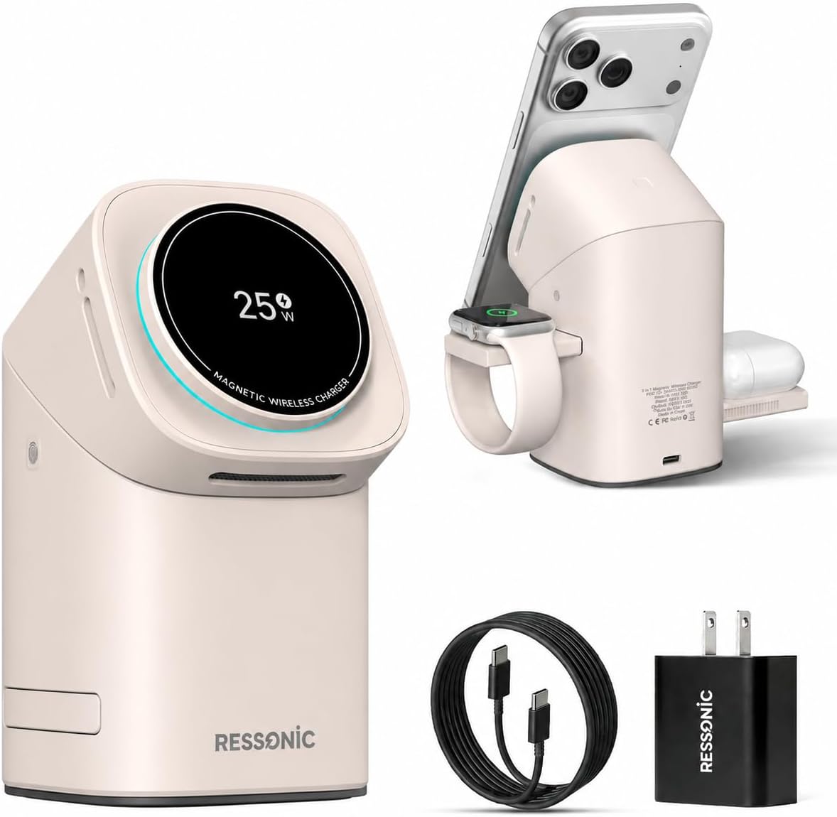 Detalle de RESSONIC 3-in-1 Wireless Charging Station, 25W Magnetic Dock