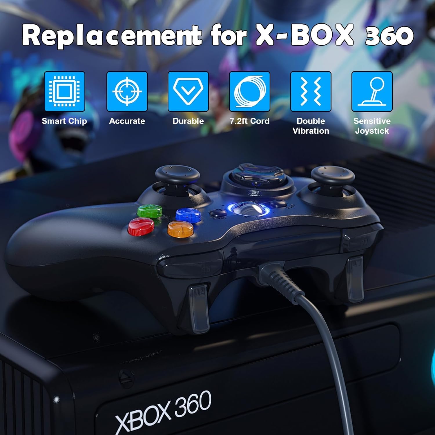 Detalle de Dinosoo 10ft Wired Xbox 360/PC Controller (2 Pack) with Upgraded Joystick, Dual Vibration, and 2.5mm Audio Jack