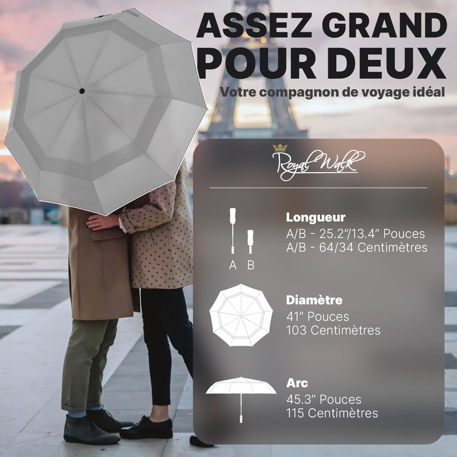 Thumbnail 1 de Royal Walk Parapluie de poche automatique coupe-vent double toit gris L, poignée en bois véritable