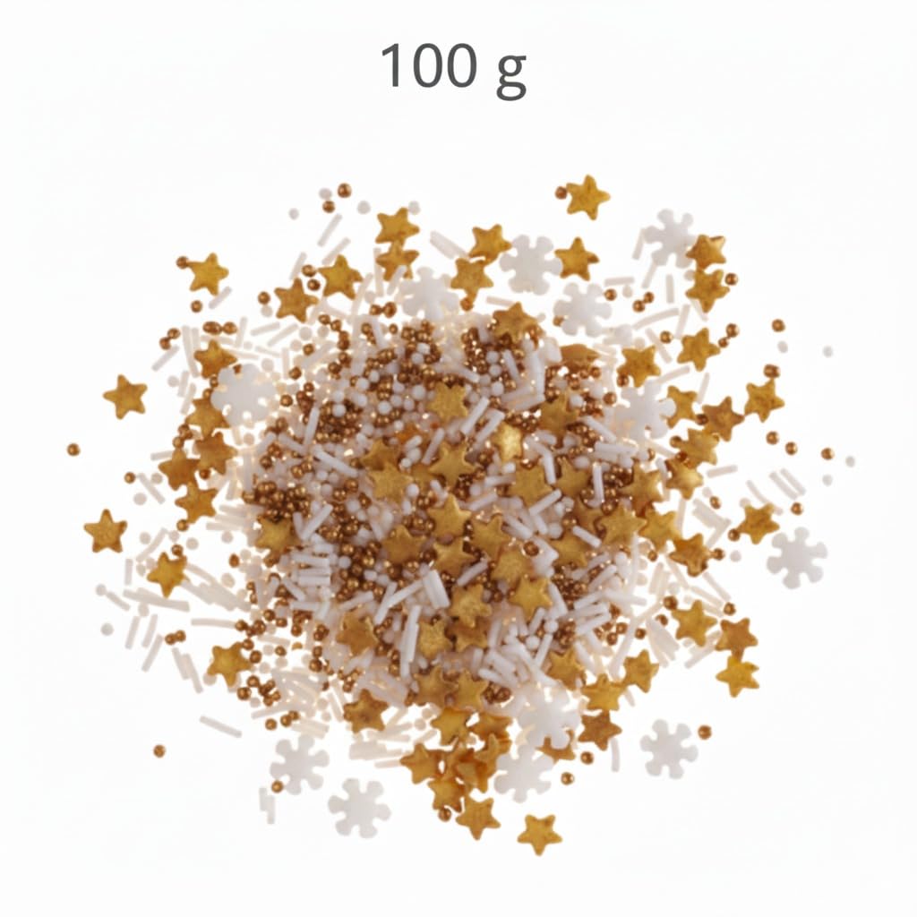 Detalle de dekora Streusel Mix Schneeflocke & Sterne Weiß-Gold – 100 g, glutenfrei, laktosefrei, vegetarisch