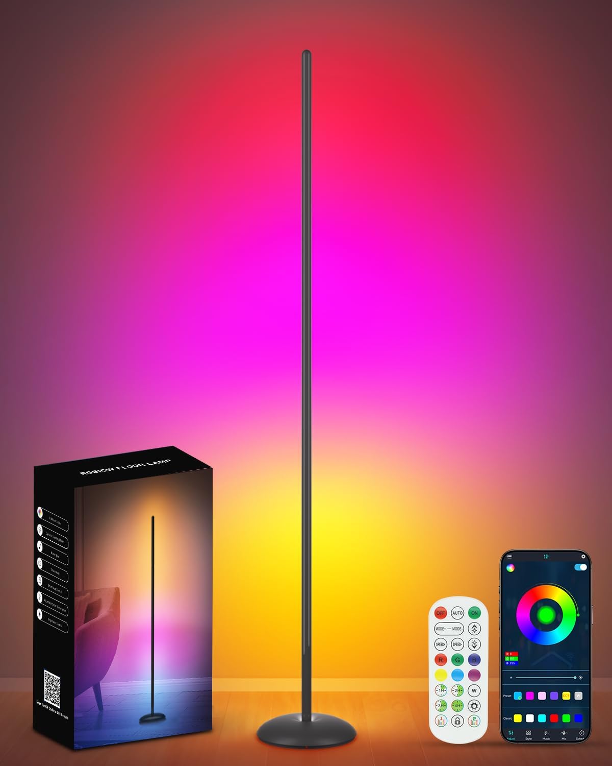 Detalle de Vexinat HC601 Smart RGB LED Corner Floor Lamp with App, Remote and Music Sync
