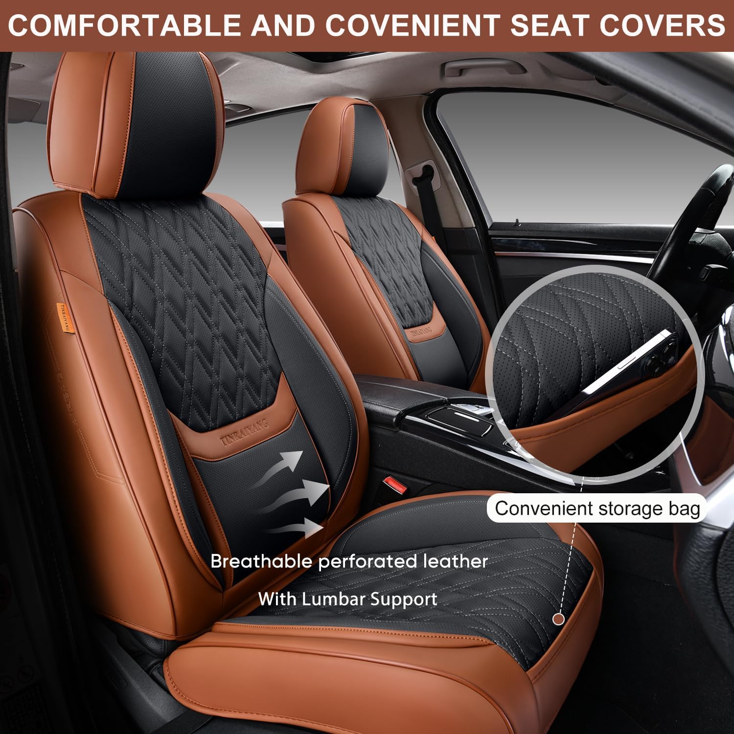Thumbnail 1 de Car Seat Covers Full Set — Breathable Leather Front & Rear Seat Covers in Brown & Black