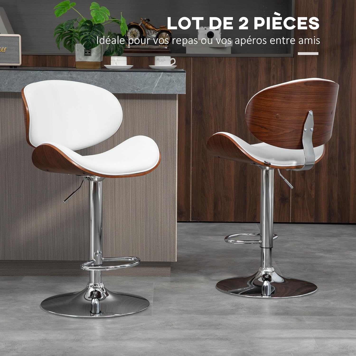 Thumbnail 3 de HOMCOM Lot de 2 tabourets de Bar Chaise de Cuisine avec Dossier – régle bassement et pivotants, blanc
