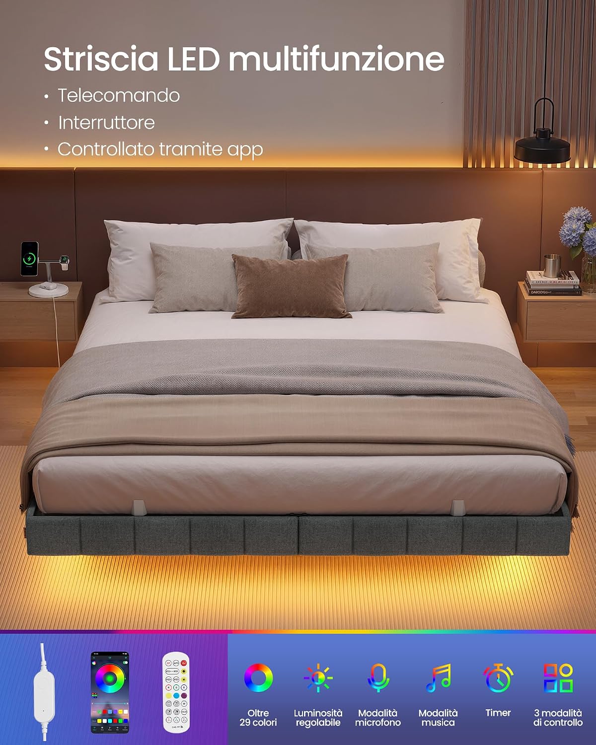 Thumbnail 4 de VASAGLE Struttura Letto Effetto Fluttuante 160x200 cm con LED, prese e USB – Grigio Ardesia RMB165G101
