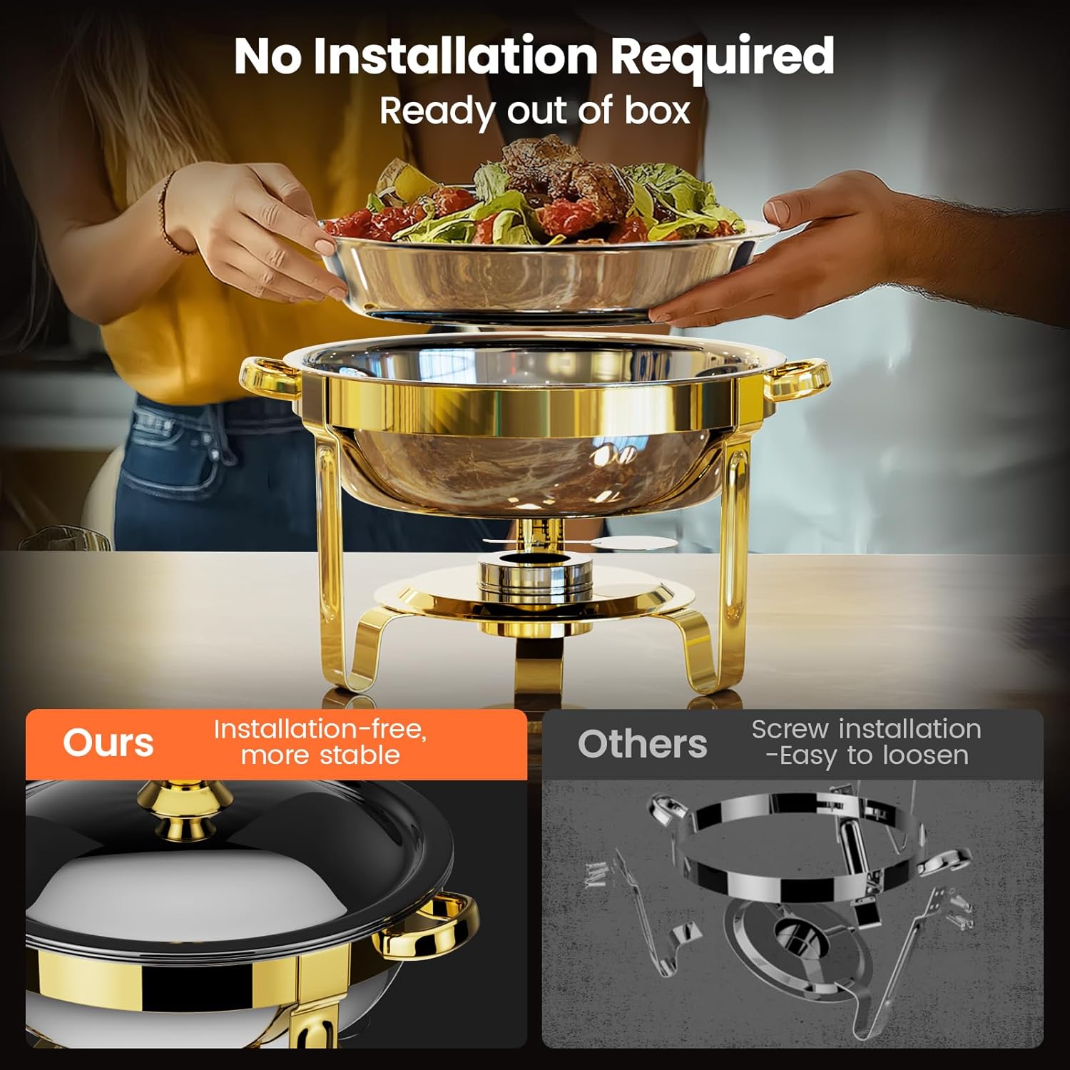 Detalle de Round Chafing Dishes for Buffet 4 Pack (6QT) – Gold Chafer Sets with Gloves, Spoons, Slotted Spoons & Tongs