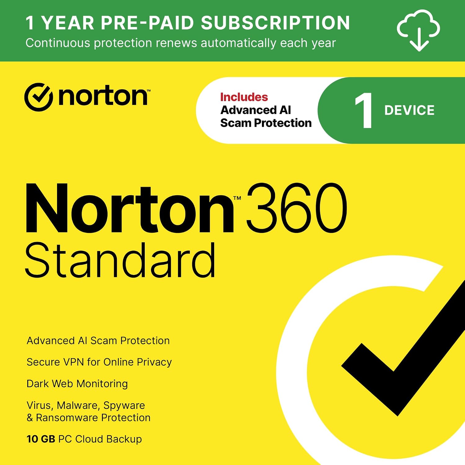 Detalle de Norton 360 Standard: Antivirus for 1 Device with AI Scam Protection, VPN, Dark Web Monitoring & 10 GB Cloud Backup