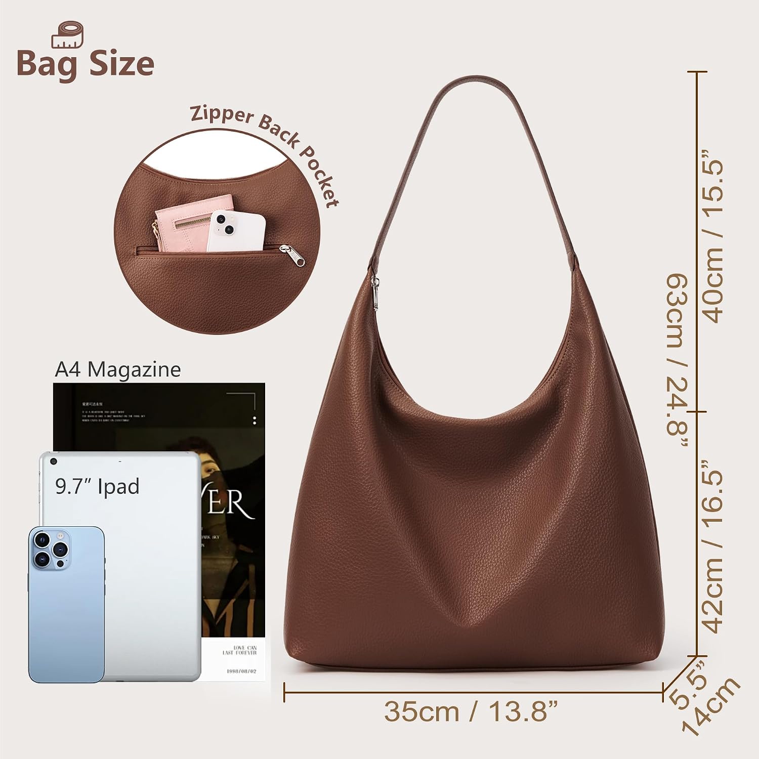 Thumbnail 3 de KALIDI vintage vegan leather tote bag for women – large zipped hobo work & travel shoulder bag