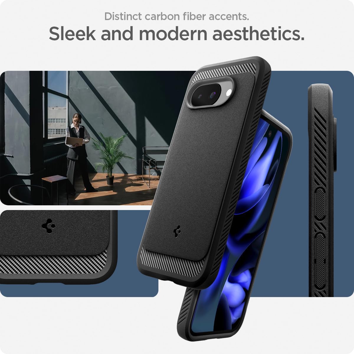 Detalle de Spigen Rugged Armor MagFit per Pixel 9a – cover con magneti integrati, nero opaco
