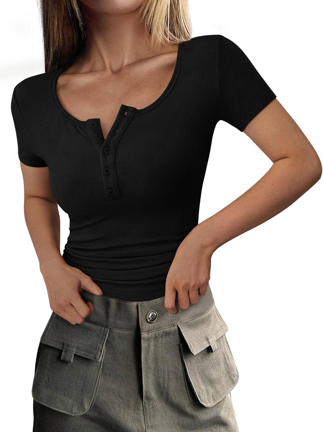 Detalle de PRETTYGARDEN 2026 Ribbed Henley Slim Fit Top