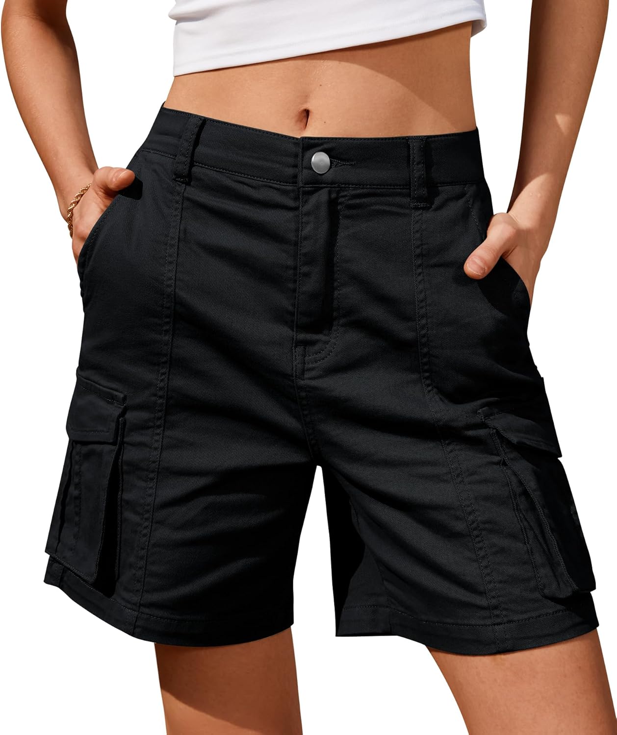 Detalle de IVIR Kurze Hose Damen – Hoch taillierte Cargo Bermudas aus Baumwolle mit elastischem Bund (6 Taschen)