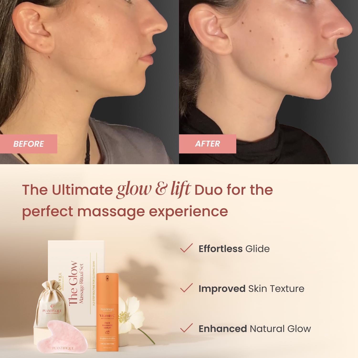 Detalle de PLANTIFIQUE Rose Quartz Gua Sha & Korean Face Serum Set (30ml) – Hydrating & Even Tone