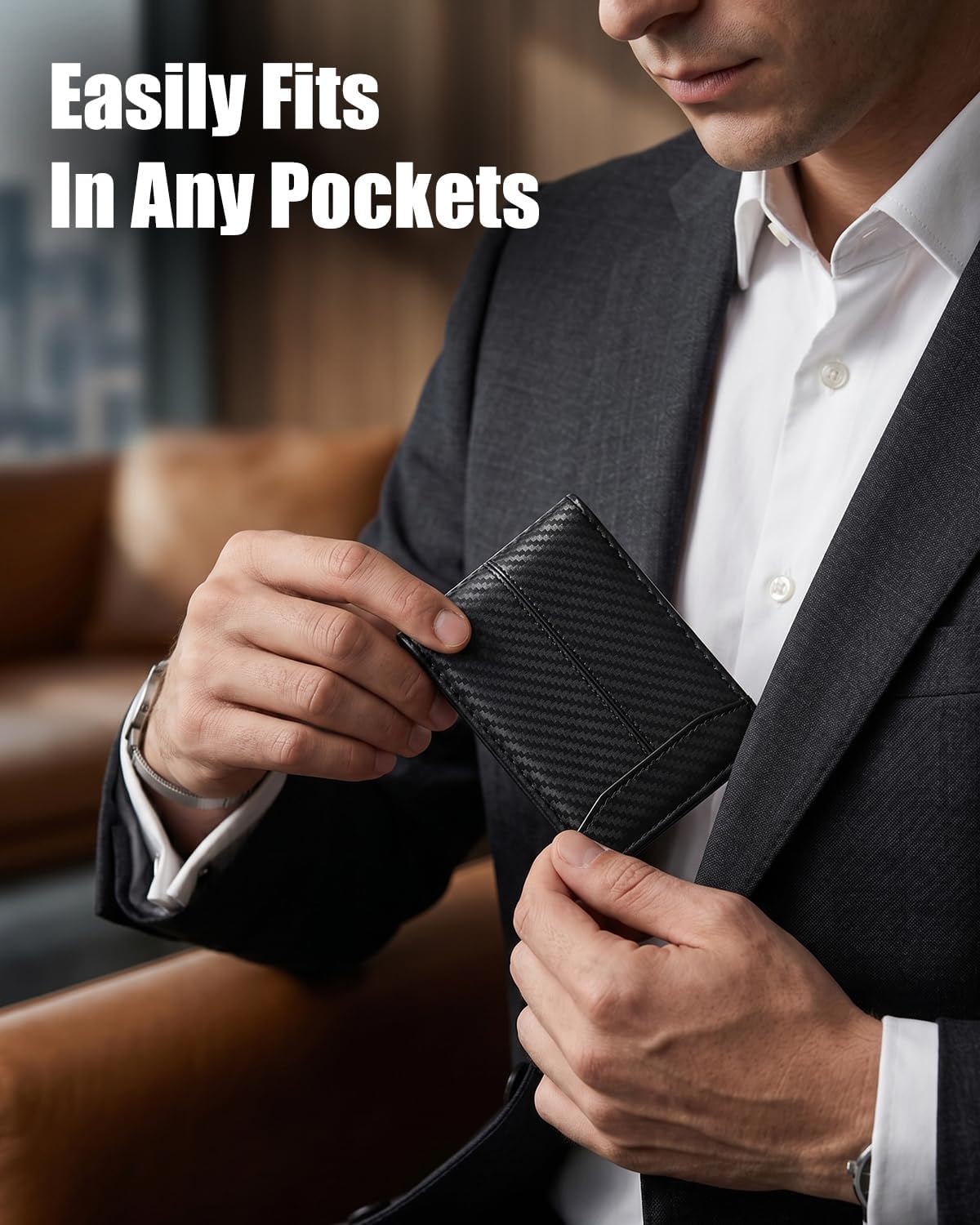 Detalle de Mens Leather Wallet with RFID Blocking – Slim Bifold Card Holder (11 Cards, 2 ID Windows, Coin Pocket)