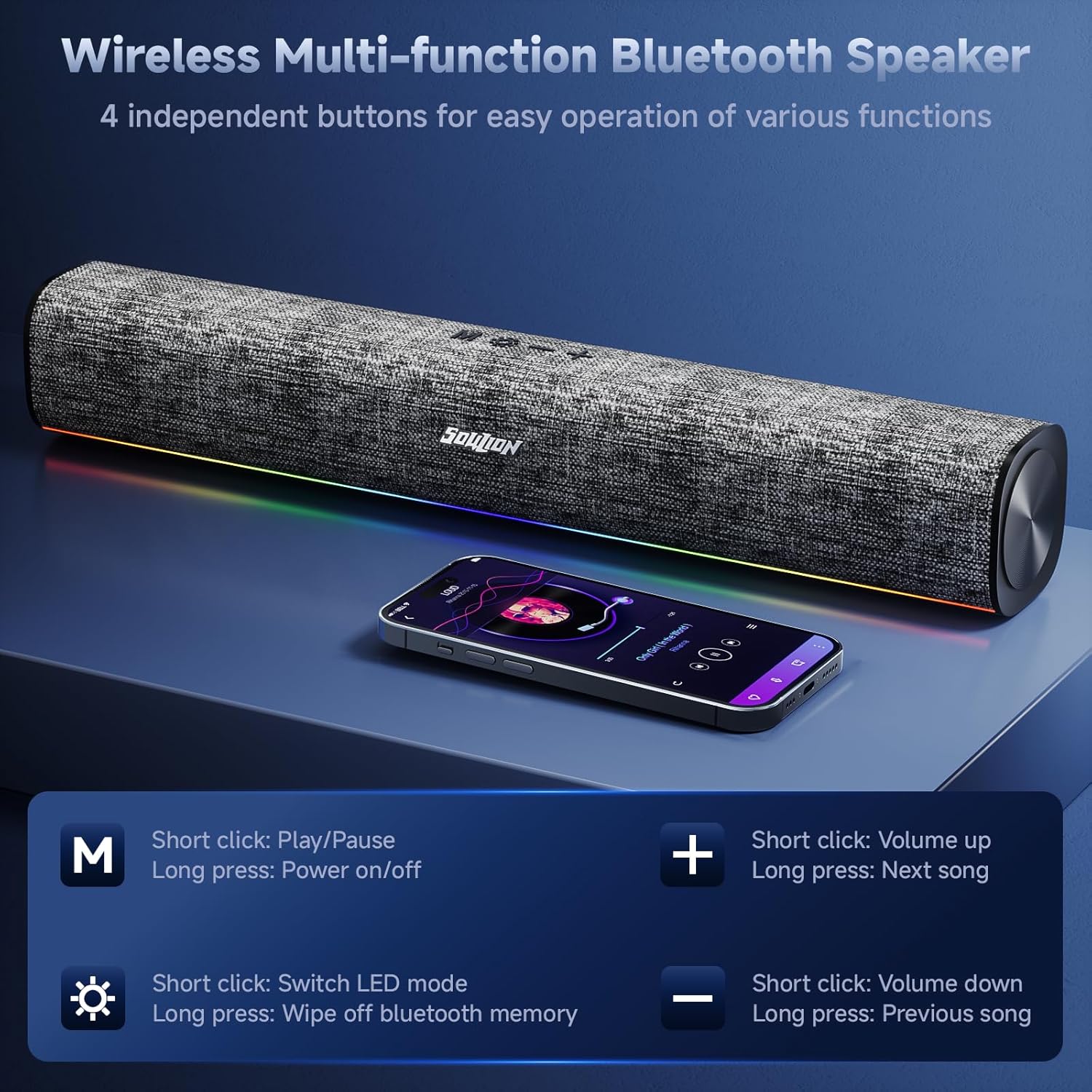 Thumbnail 3 de SOULION R100 Plus PC Speakers: Compact Bluetooth Soundbar with RGB Lights and 6-Hour Battery
