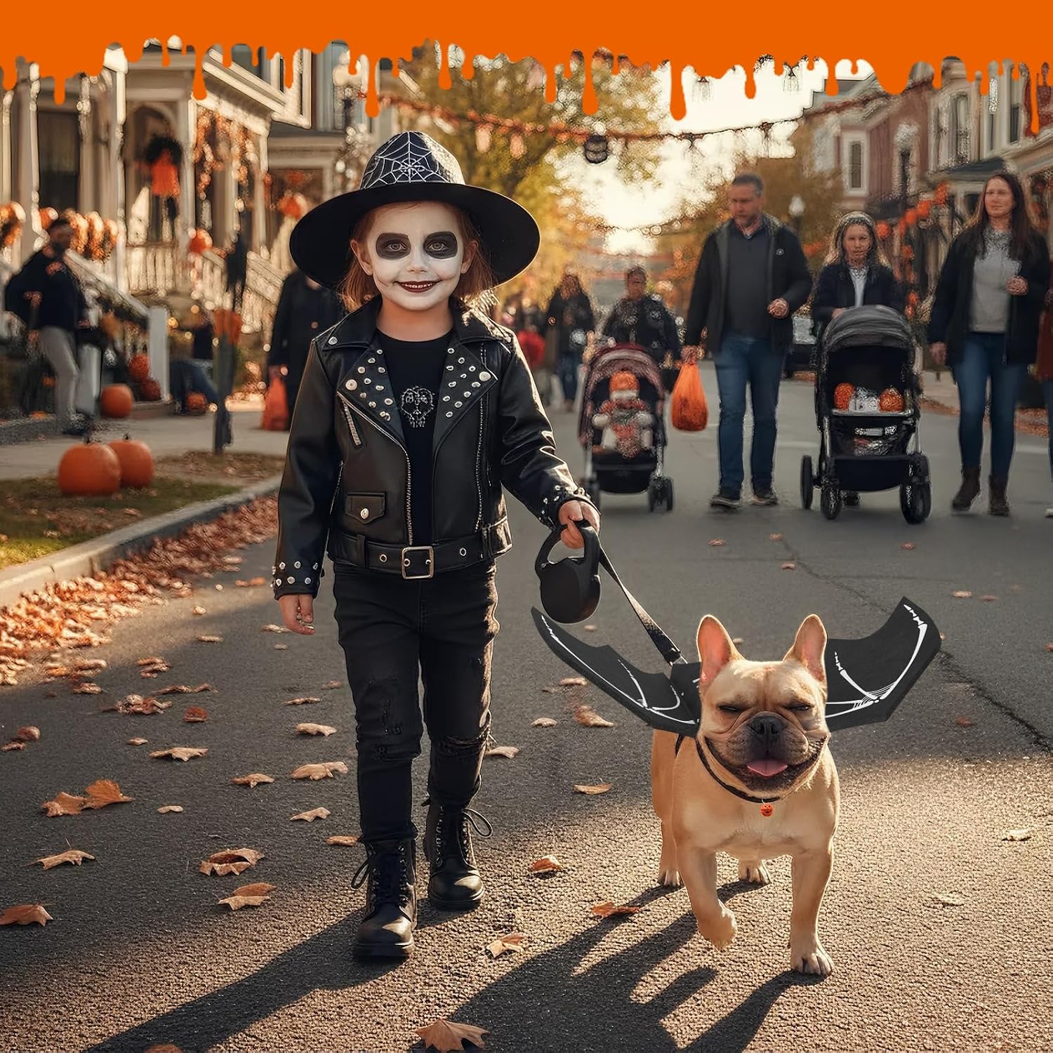 Detalle 2 de OLANRUN OL-Halloween-Dog Small Dog Bat Costume with Skeleton Print and Pumpkin Bell